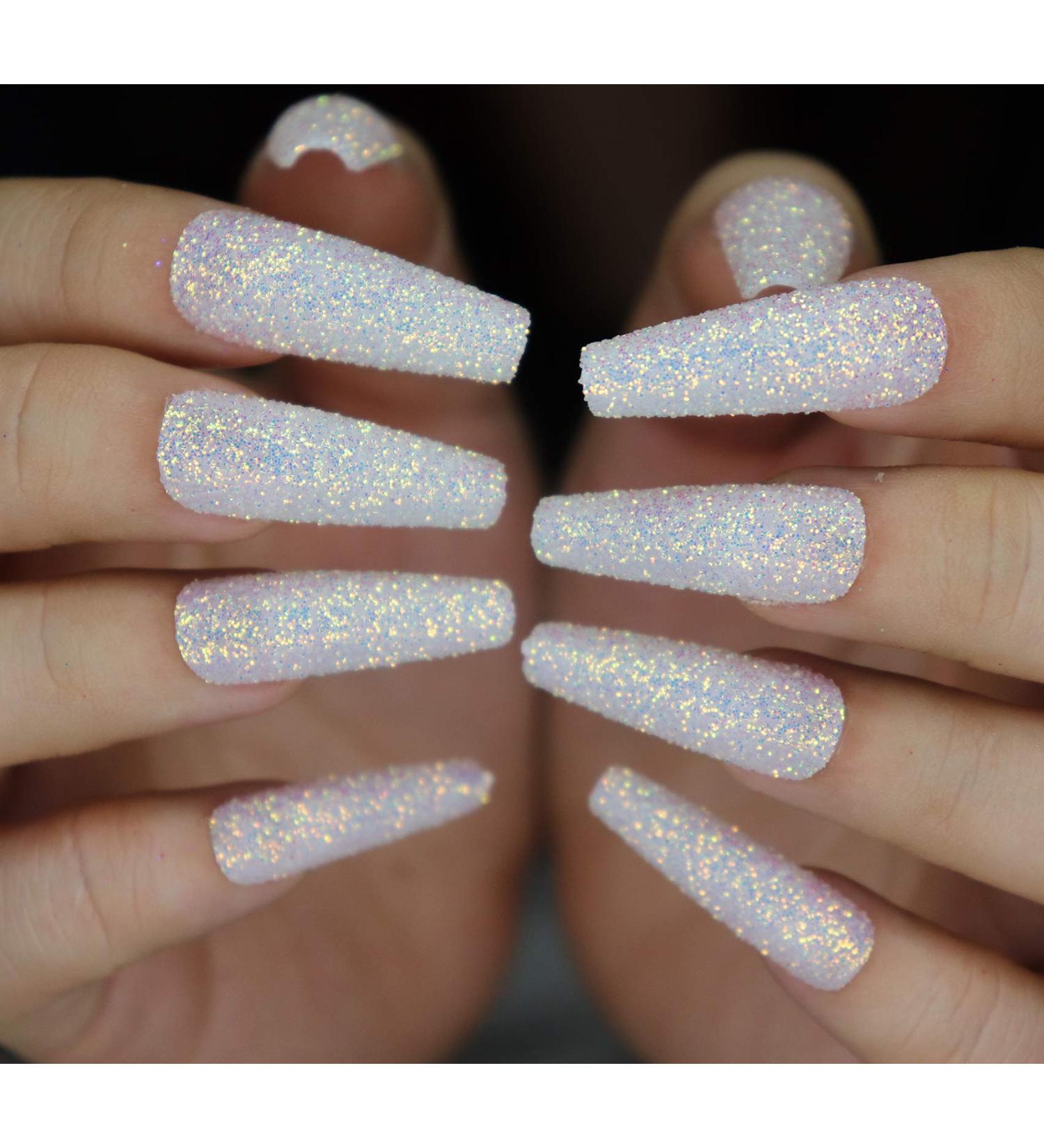MISUD Glitter Long Coffin Fake Nails - White Ballerina Shape Acrylic Nails for Women & Girls - Buy Online on SooperMarket.com