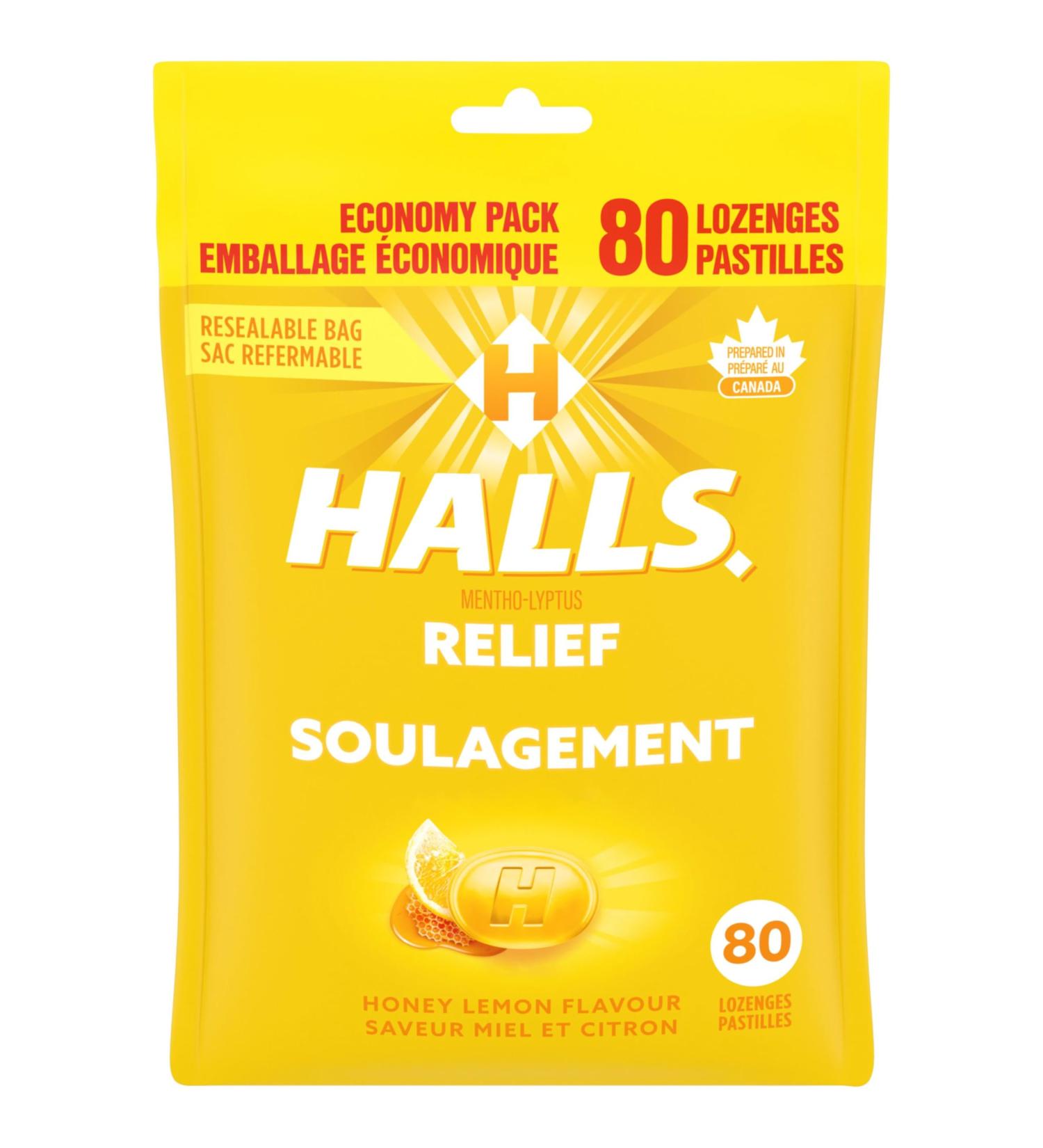HALLS Honey Lemon Flavour Cough Drops Throat Lozenges Sore Throat Relief Mentho-Lyptus 80 Lozenges Honey Lemon Drops - Buy Online on SooperMarket.com