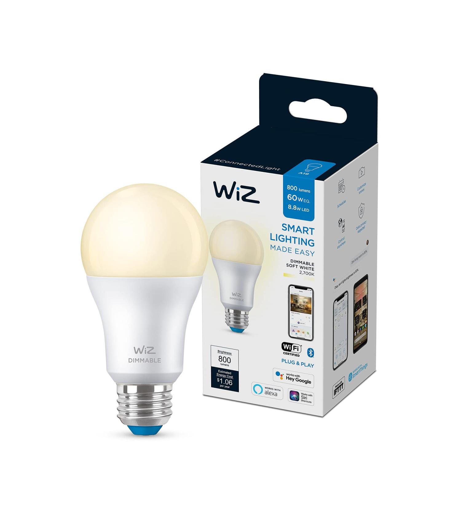 WiZ Smart WiFi Light Bulb 60W A19 Dimmable 2700K | Compatible with Alexa & Google Home | No Hub Required | Soft White (Dimmable Only) - 1 Pack - Buy Online on SooperMarket.com