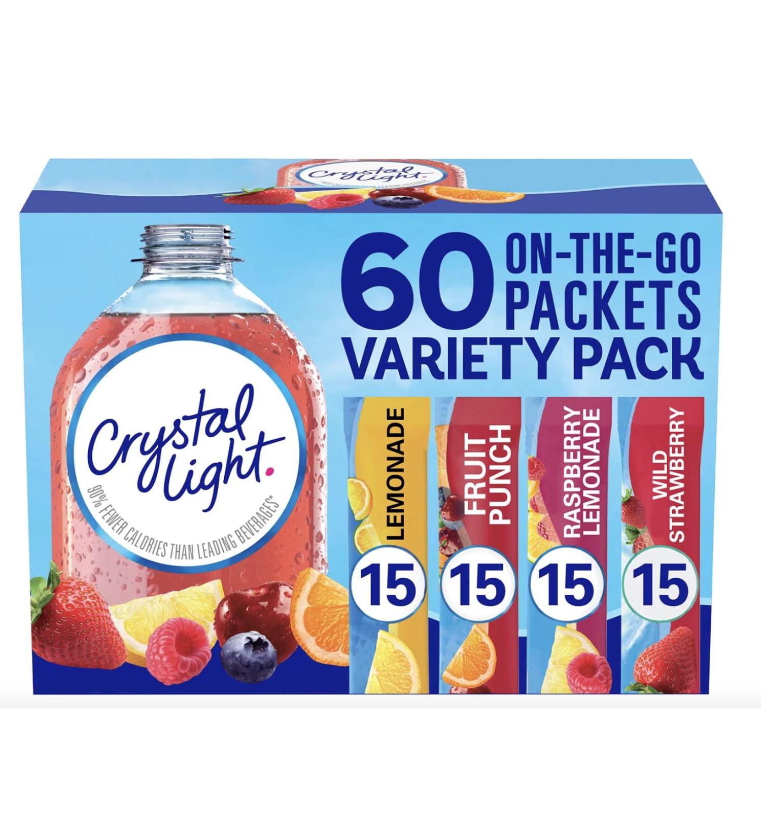 Crystal Light Sugar-Free Drink Mix Variety Pack - 60 Count On-The-Go Singles, Lemonade, Fruit Punch, Raspberry Lemonade & Wild Strawberry - Dissolves in 16.9 oz. Water - Packaged by TOOZOON - Buy Online on SooperMarket.com