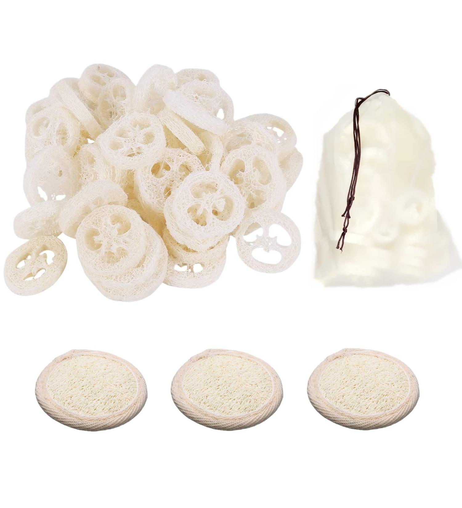 50Pcs Natural Loofah Slice Set for Cleaner Sponge Scrubber and DIY Soap Tools - Includes Exfoliating Pads and Storage Bag - Buy Online on SooperMarket.com