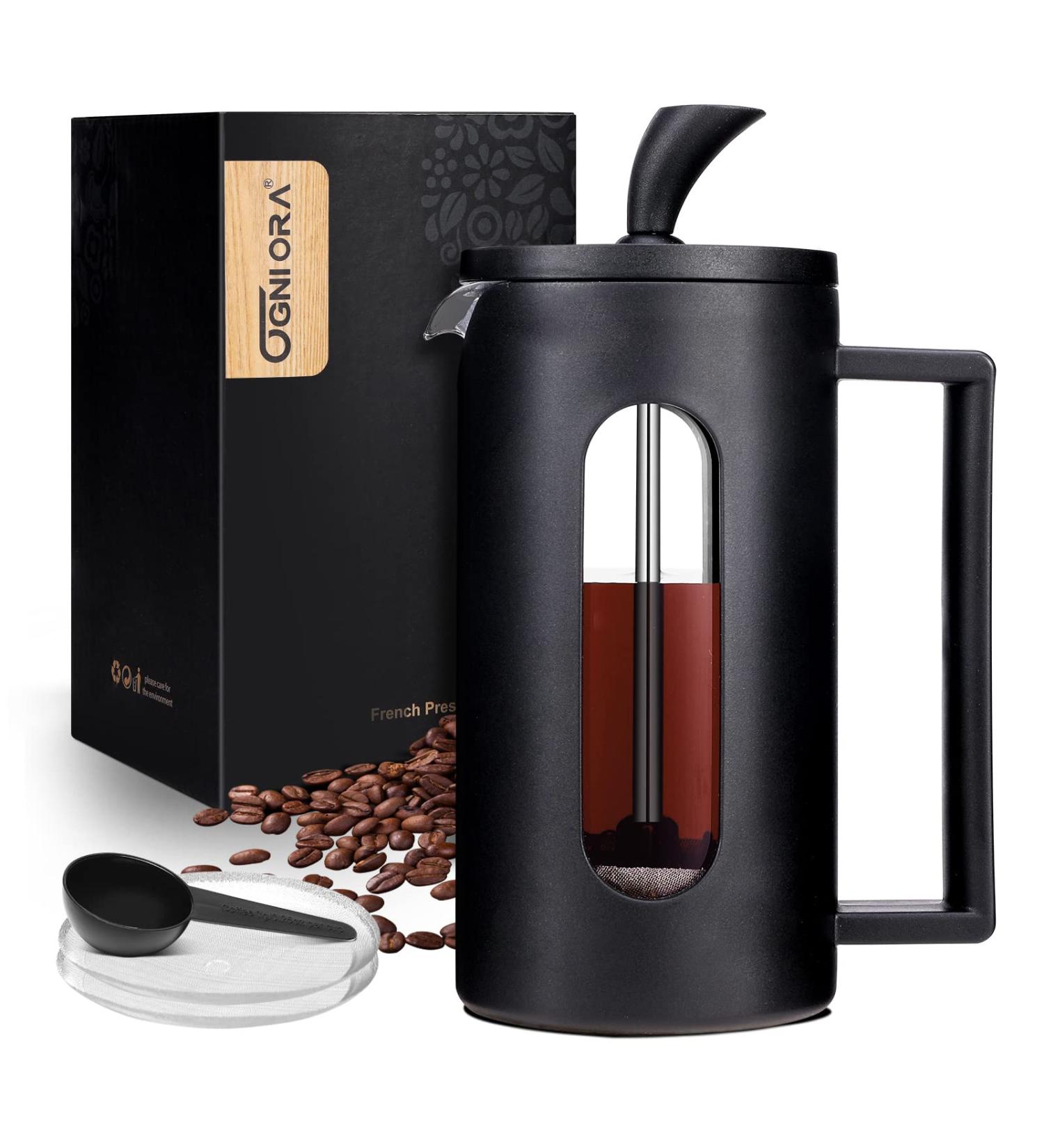 OGNI ORA 12oz French Press Coffee Maker - Borosilicate Glass, 3 Filter Screens, Dishwasher Safe - Black - Buy Online on SooperMarket.com