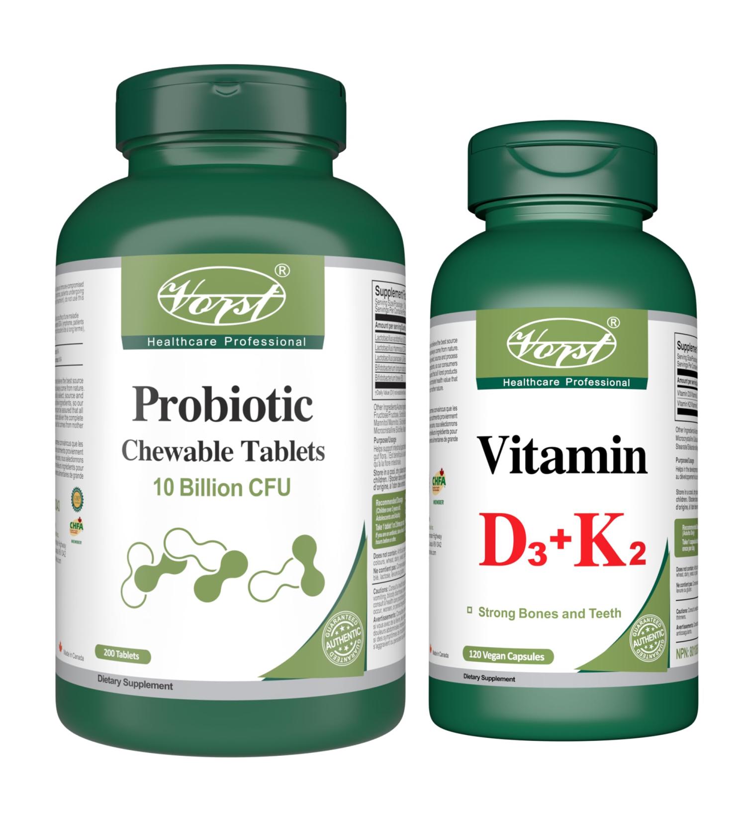 VORST Probiotics 10 Billion 200 Chewable Tablets and Vitamin D3 K2 120 Capsules - Buy Online on SooperMarket.com