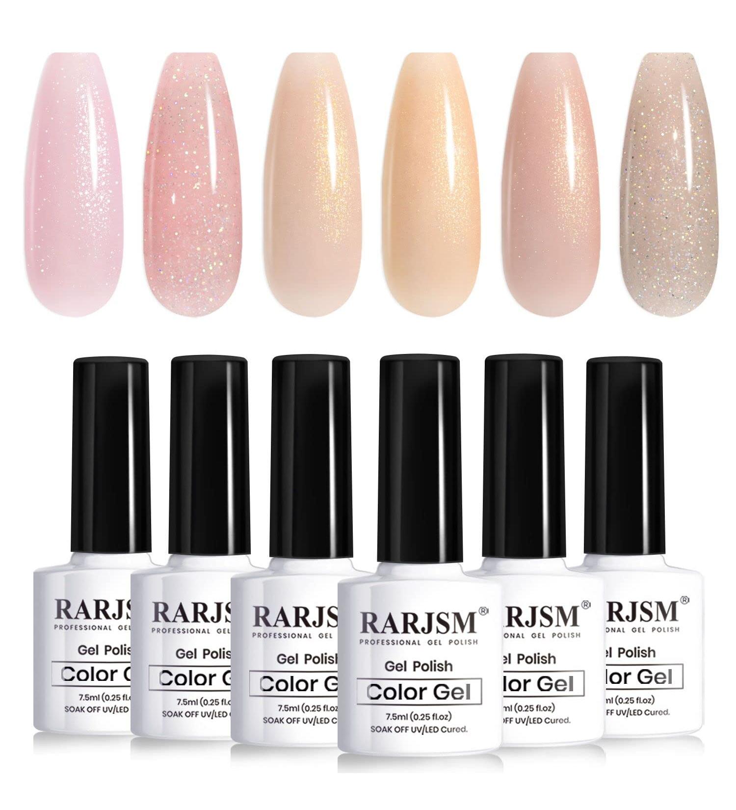 RARJSM Glitter Nude Gel Polish Set - 6pcs Pale Pink, Milky Jelly, Cashmere, Beige, Apricot, Champagne, Brown | UV LED Cured Translucent Natural Soak Off Iridescent Holographic Nail Polish 7.5ml - Buy Online on SooperMarket.com