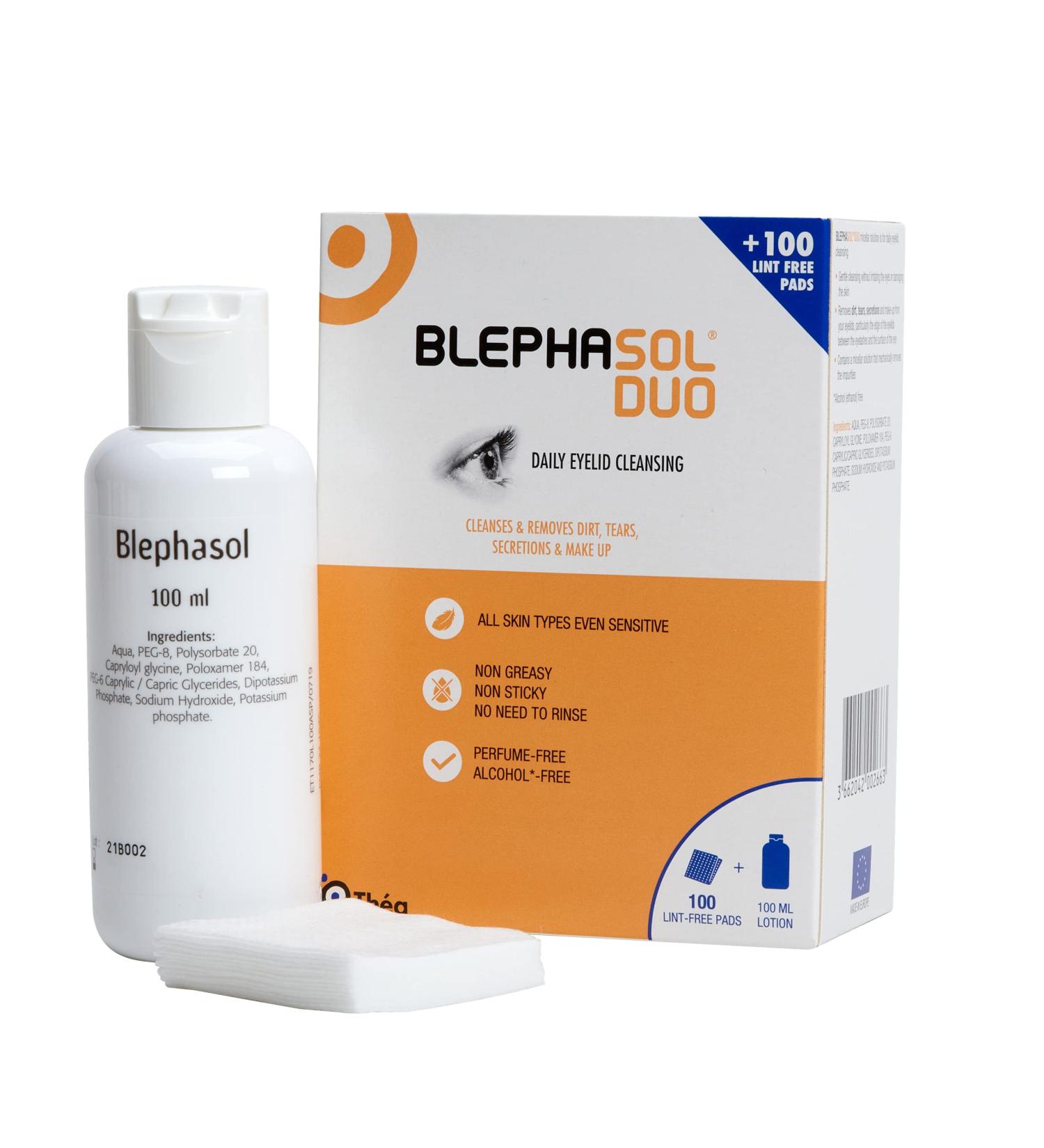 THEA PHARMA Blephasol Duo 100ml Eyelid Cleansing Micellar Lotion with 100 Cotton Pads | Preservative-Free Formula for Daily Eye Care | Ideal for Contact Lens Users - Buy Online on SooperMarket.com