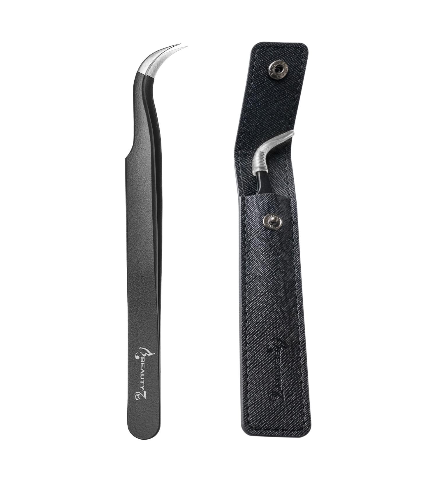 Beauty7 Curved Eyelash Extension Tweezers - Precision Bent Stainless Steel with Case | Ideal for Professional Use - Buy Online on SooperMarket.com