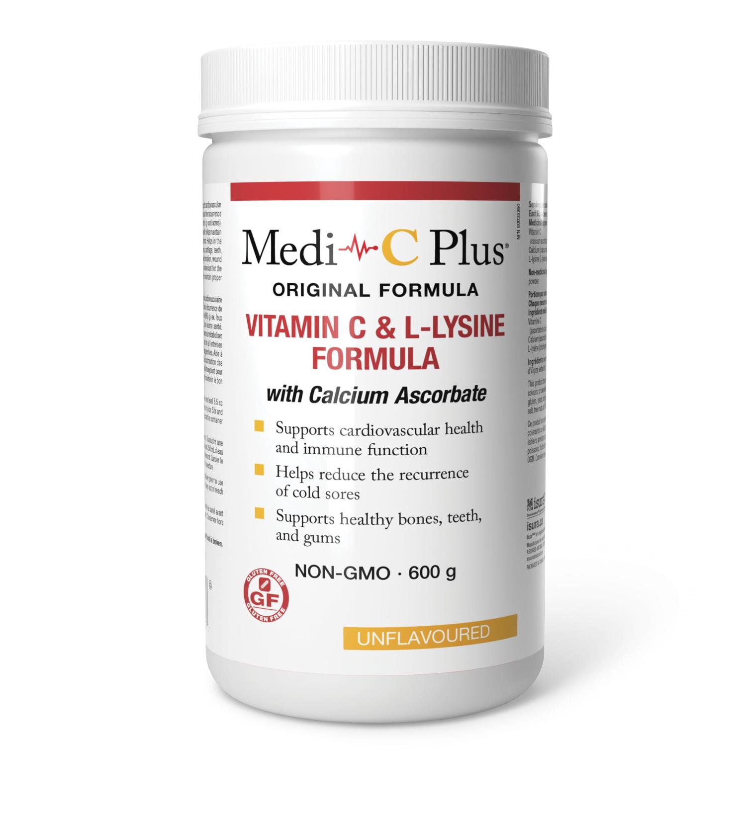 Medi-C Plus Vitamin C & L-Lysine with Calcium Powder 600 g Unflavoured Original Formula High Dose Vitamin C & L-Lysine Supports Cardiovascular Health and Immune Function Helps Reduce the Recurrence of Cold Sores - Buy Online on SooperMarket.com