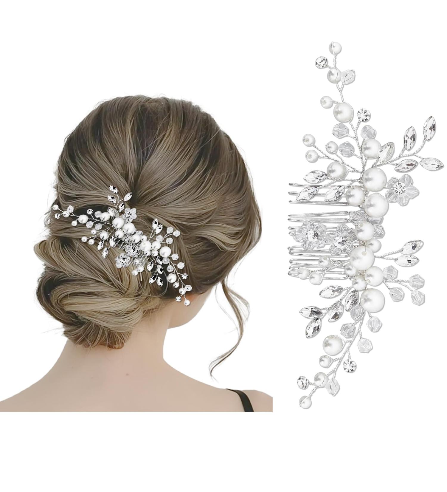 Makone Silver Pearl Flower Wedding Hair Piece for Bride | Bridal Accessories for Women & Girls - Wedding Hair Clips Pearl Comb - Buy Online on SooperMarket.com