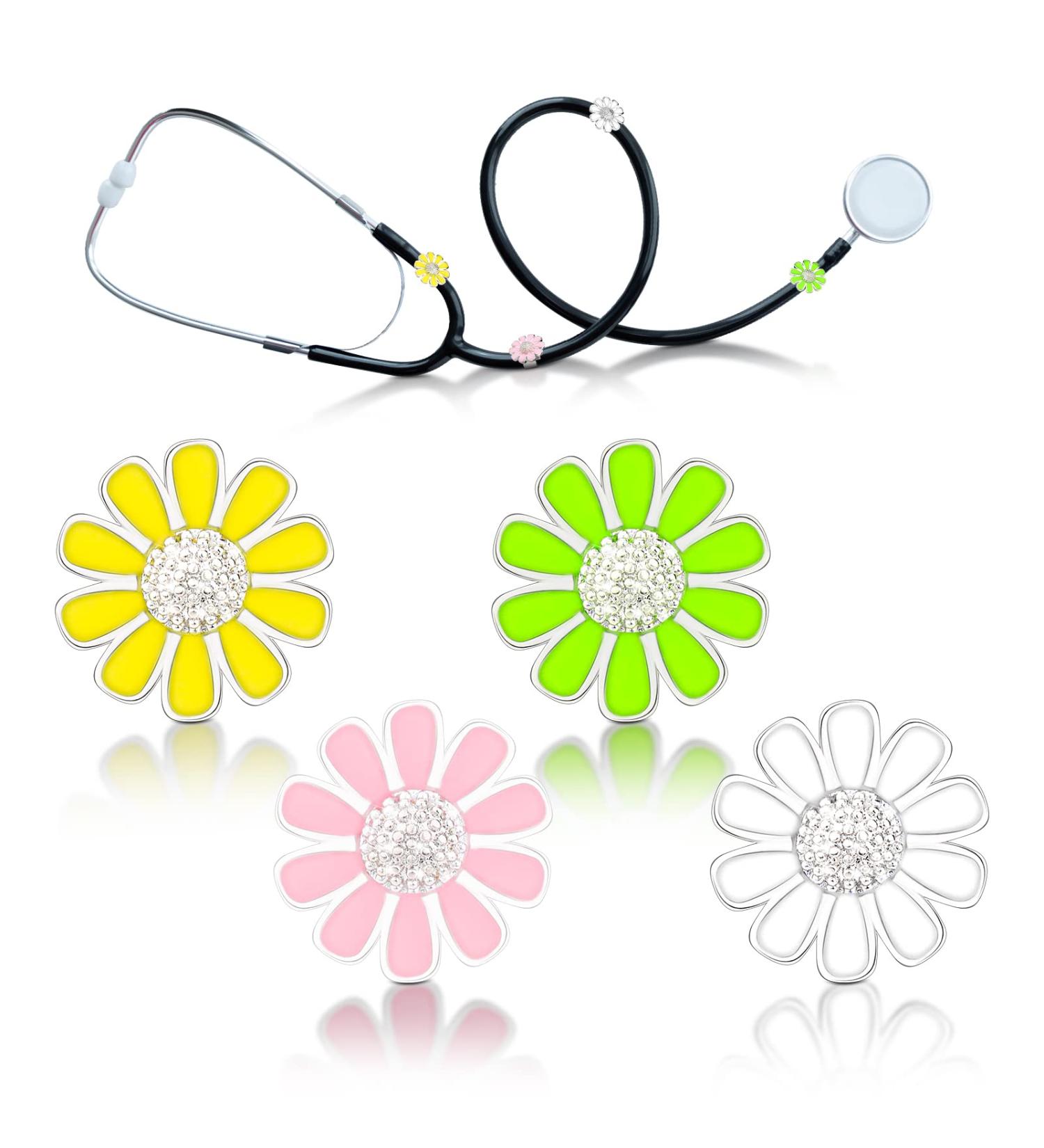 Woanger 4 Pcs Sunflower Bling Stethoscope Charms | Flower Stethoscope Tags & Accessories for Nurses & Doctors | Perfect Gift for Nursing Students - Pink White Yellow Green - Buy Online on SooperMarket.com