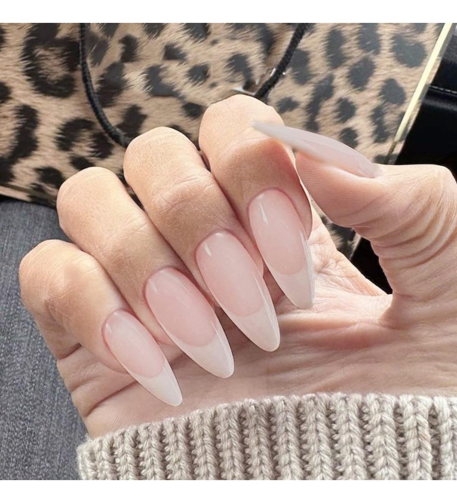 Justotry 24 Pcs Pale Pink Oval Medium False Nails Short Pattern Milky White French Press on Nails with Glue for Women - Almond Stick on Nails for Art - Buy Online on SooperMarket.com