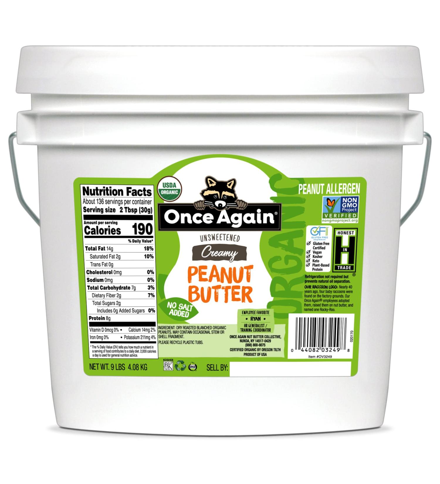 Once Again Organic Creamy Peanut Butter 9lbs - Salt Free, Unsweetened, Gluten Free, Vegan, USDA Certified - Buy Online on SooperMarket.com
