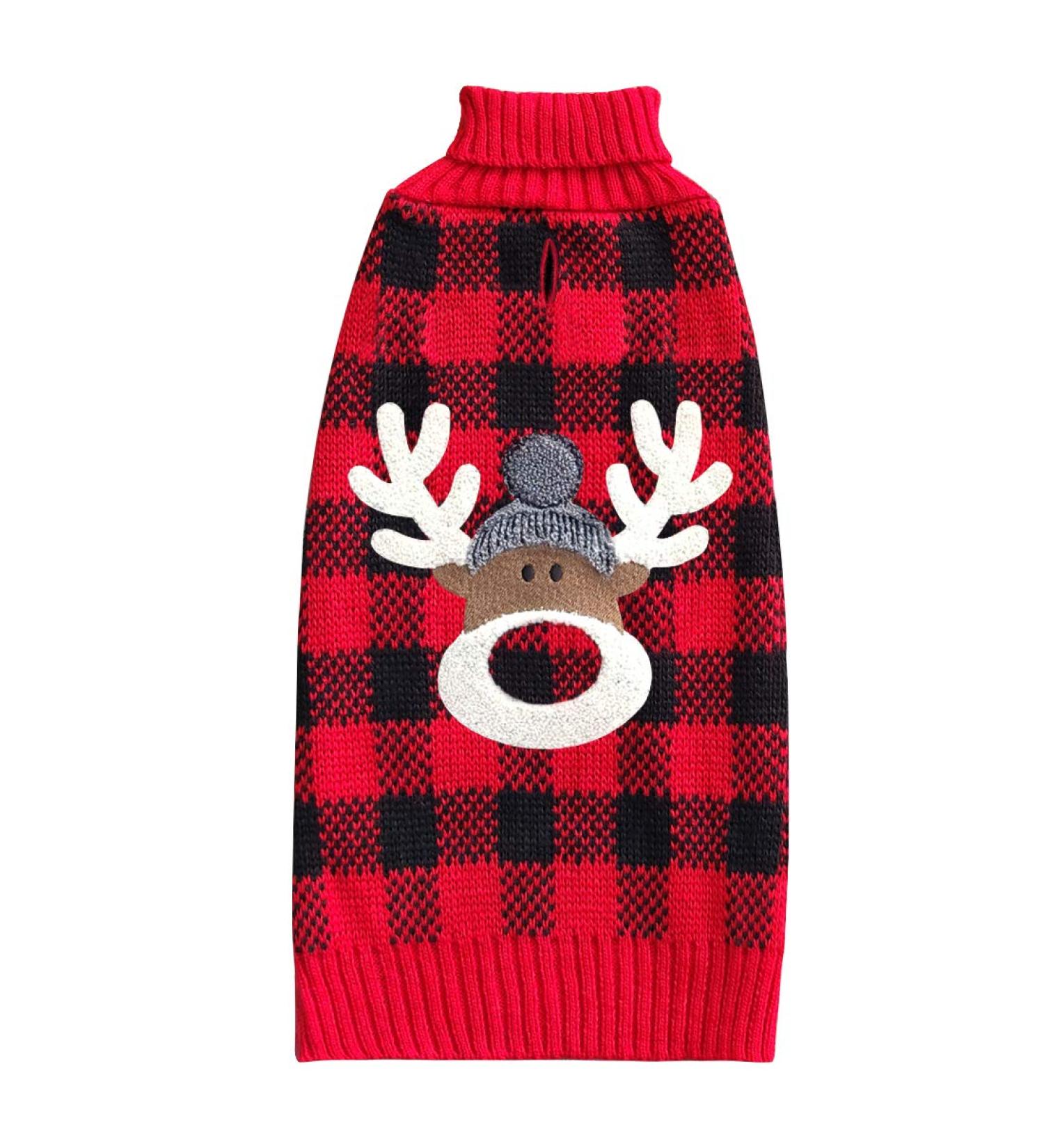 KYEESE Christmas Dog Sweater - Reindeer Design with Leash Hole for Small to Medium Dogs - Red Buffalo Check Pet Apparel - Large Size (11-19lbs) - Buy Online on SooperMarket.com