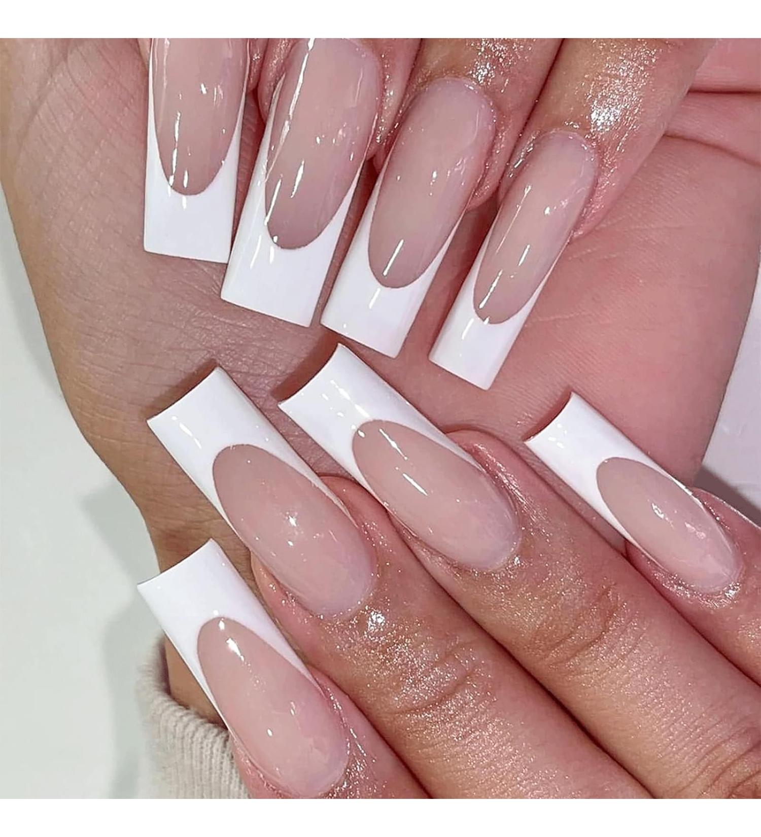 French False Nails - 24PCS Gloss Nude White Square Press on Nails with Jelly Glue | Long Square White Fake Nails for Women & Girls - Buy Online on SooperMarket.com