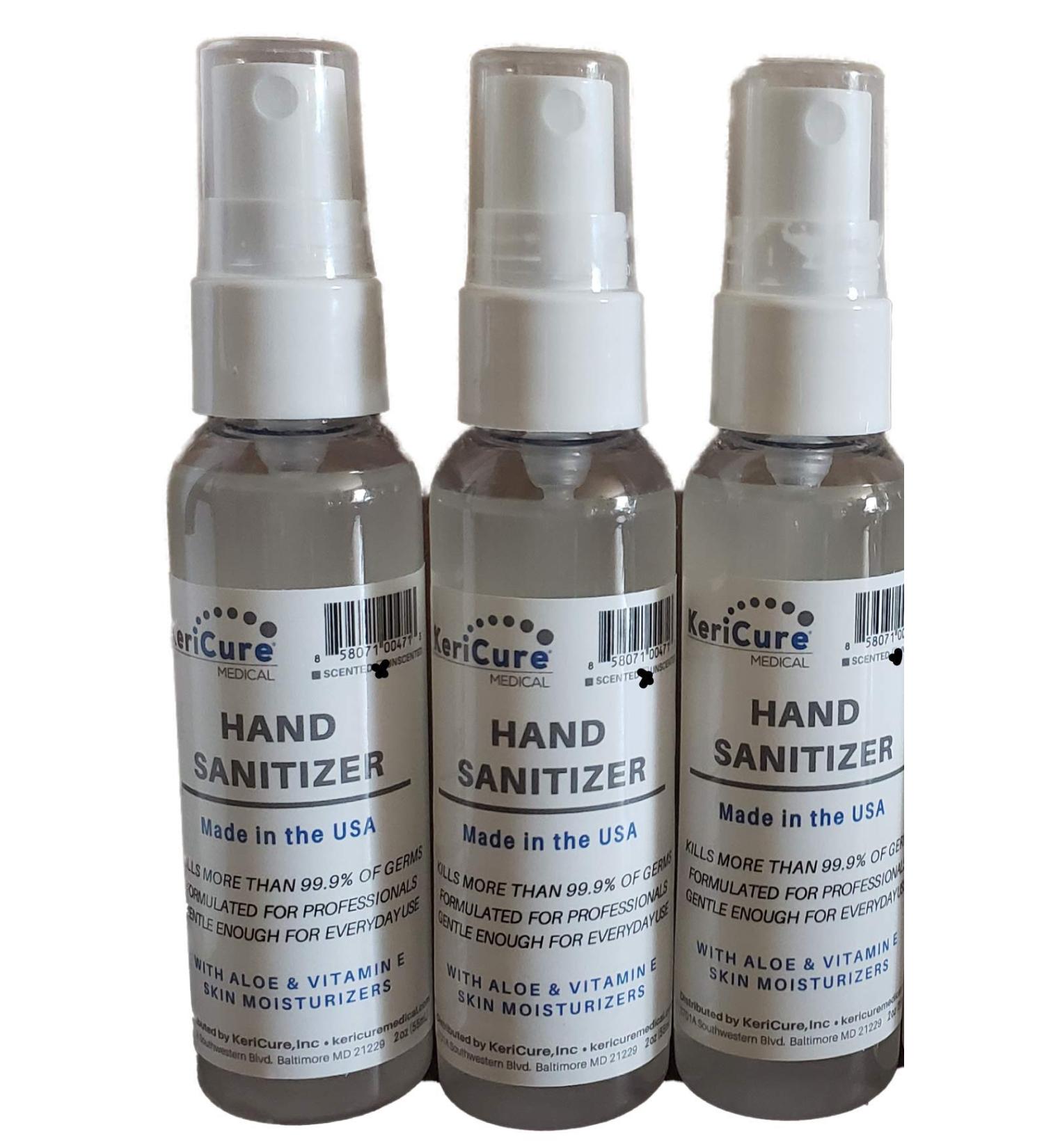 KeriCure 3 PACK Moisturizing Hand Sanitizer 2oz Spray Bottles - Unscented - Made in the USA - Buy Online on SooperMarket.com