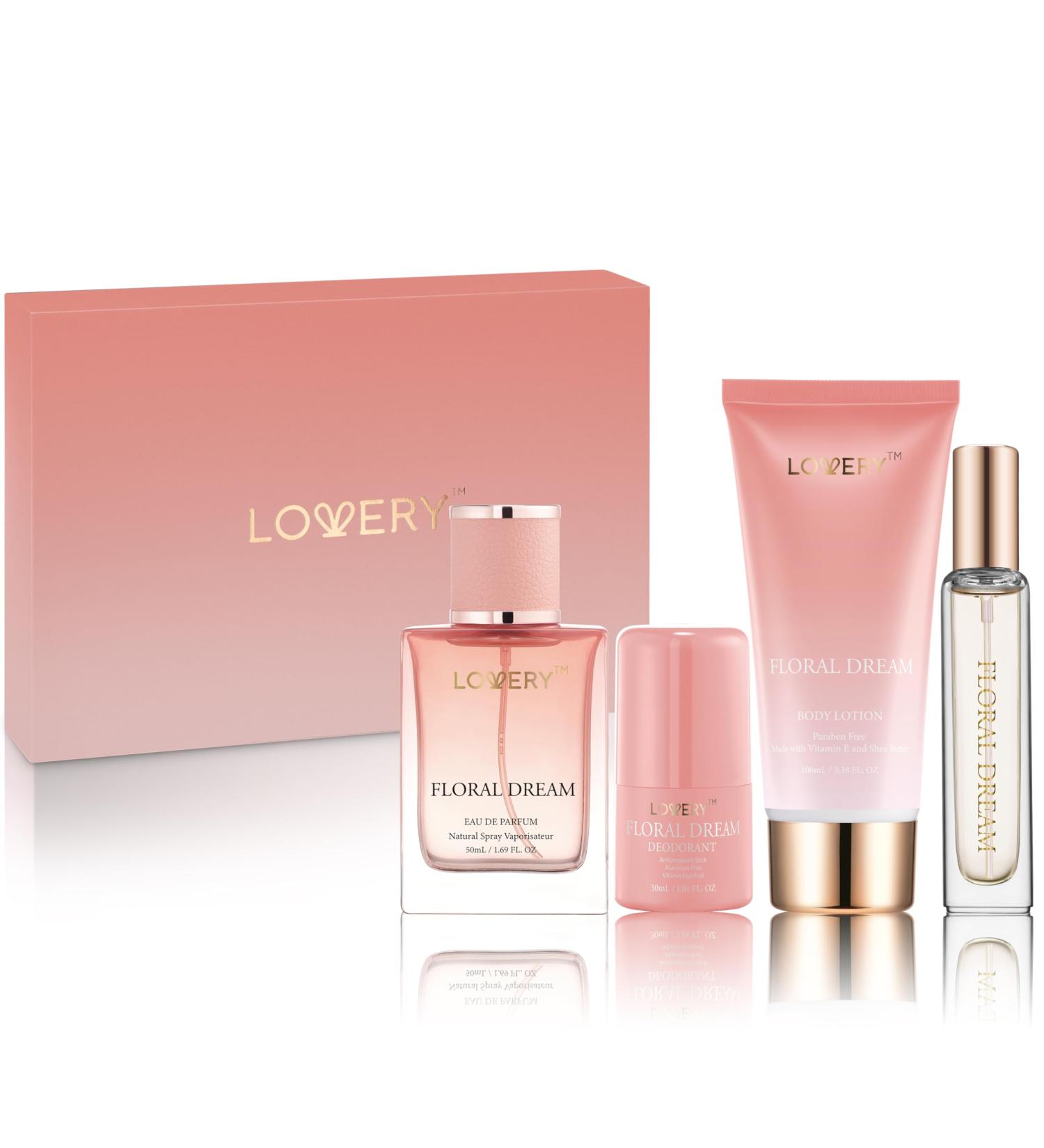 Gift for Women Floral Dream 4 in 1 Womens Perfume & Deodorant Set - 4pc Pink Eau de Parfum Fragrance Sets - Perfumes for Women Gift Set with Non Toxic Antiperspirant Stick Body Lotion & Mini Perfume - Buy Online on SooperMarket.com