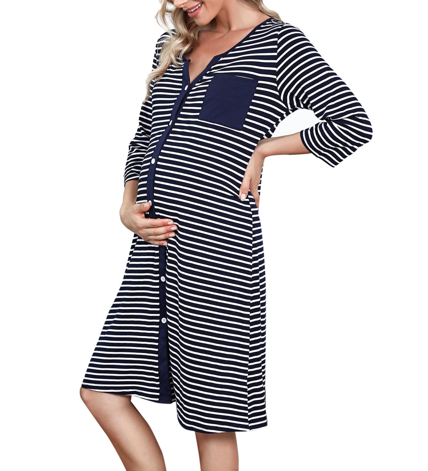 Marvmys Maternity Nightdress - 3/4 Sleeves Nursing Nightgown for Breastfeeding - V Neck Pajama Loungewear in Navy Blue - Buy Online on SooperMarket.com