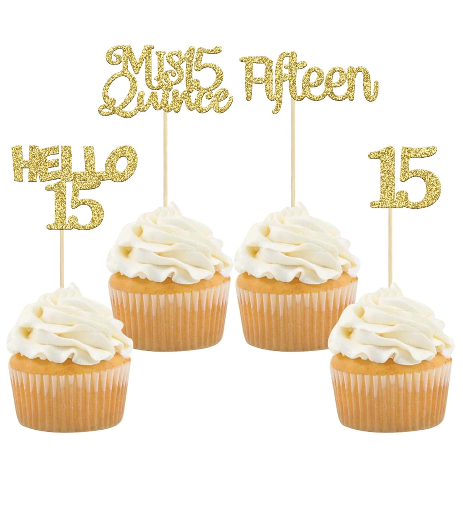 Gold Glitter 15th Birthday Cupcake Toppers - 24Pcs Quincea era Cake Decorations - Buy Online on SooperMarket.com