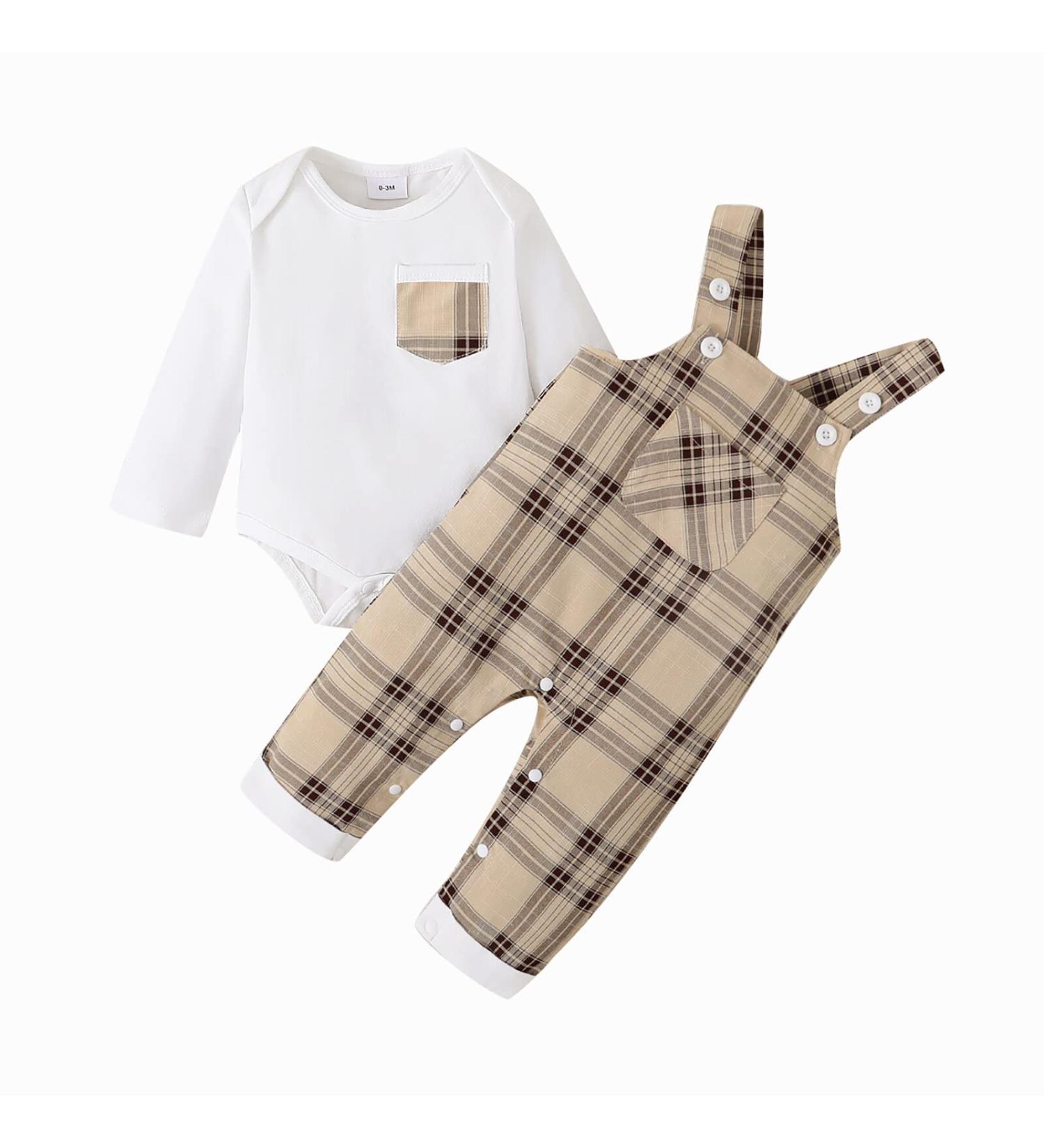 Puseky Baby Boy 3-6 Months Clothes Set | Long Sleeve Romper with Plaid Suspenders Overall Pants | Spring Fall Outfits in White - Buy Online on SooperMarket.com