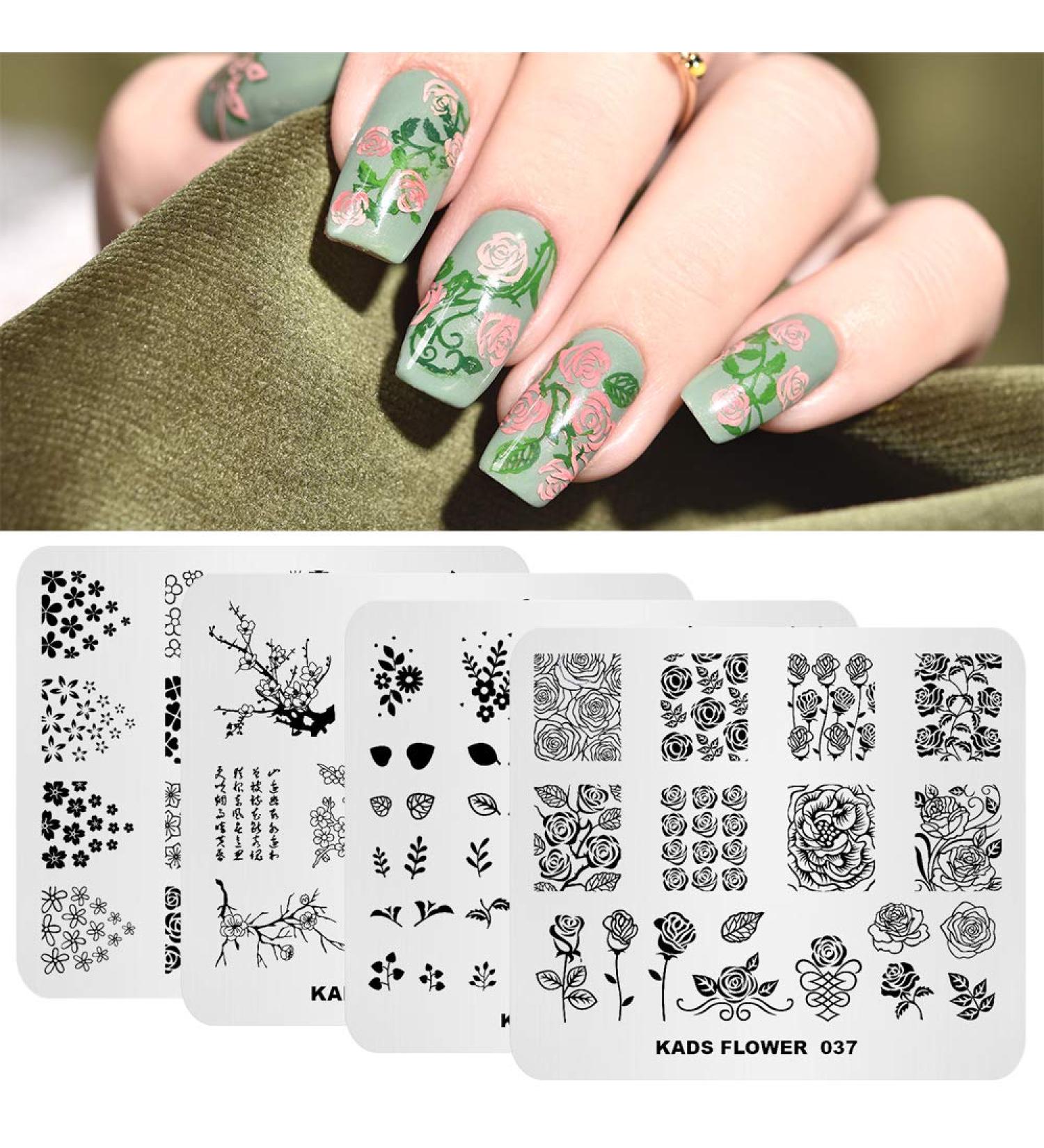 4Pcs Nail Art Stamping Plates - Flower Series DIY Manicure Templates for Fashionable Nail Designs - Buy Online on SooperMarket.com