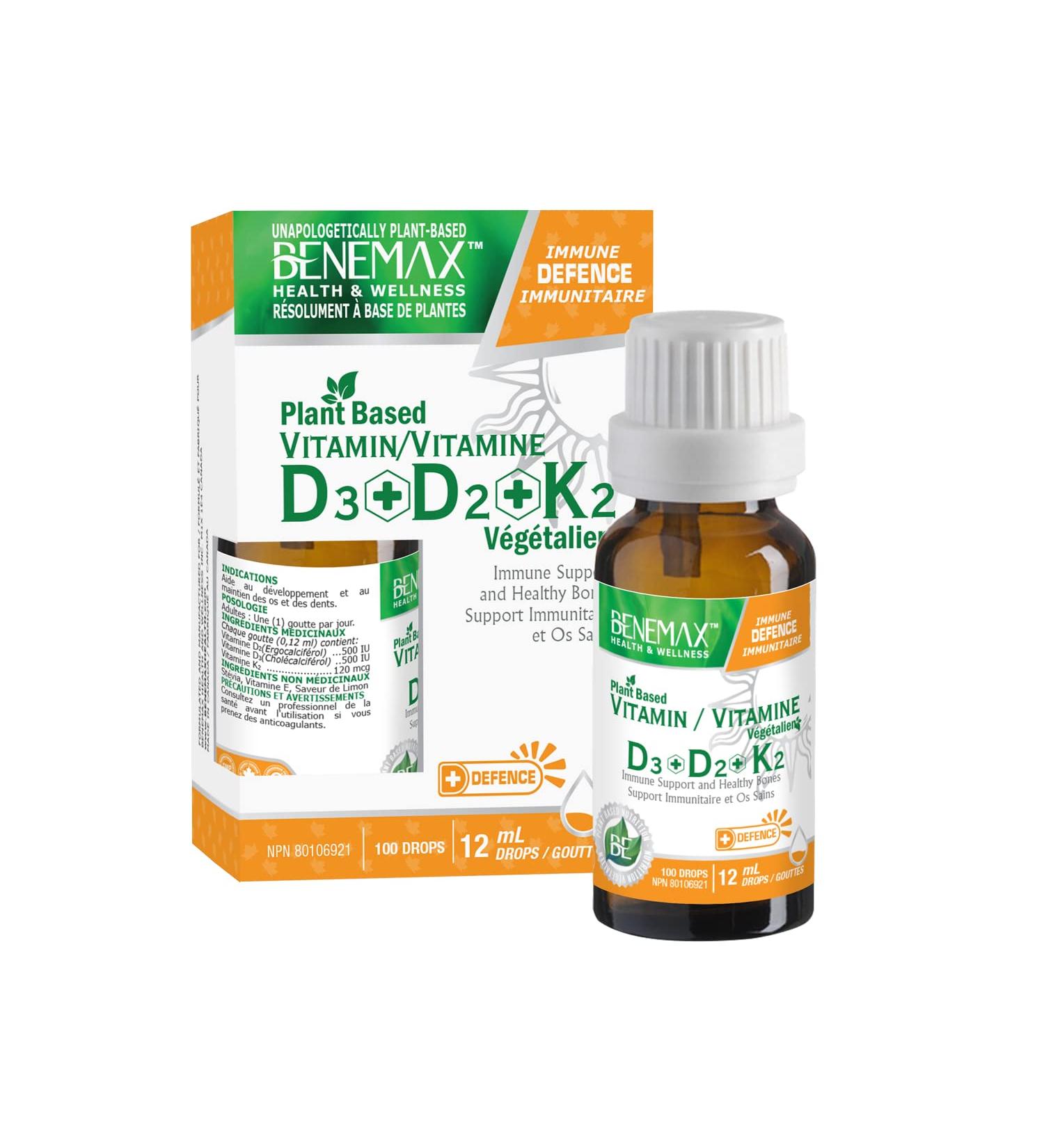 Benemax Vitamin D3 + D2 + K2 Drops: Immune Support + Healthy Bones. 12ml. 100 Drops - Buy Online on SooperMarket.com
