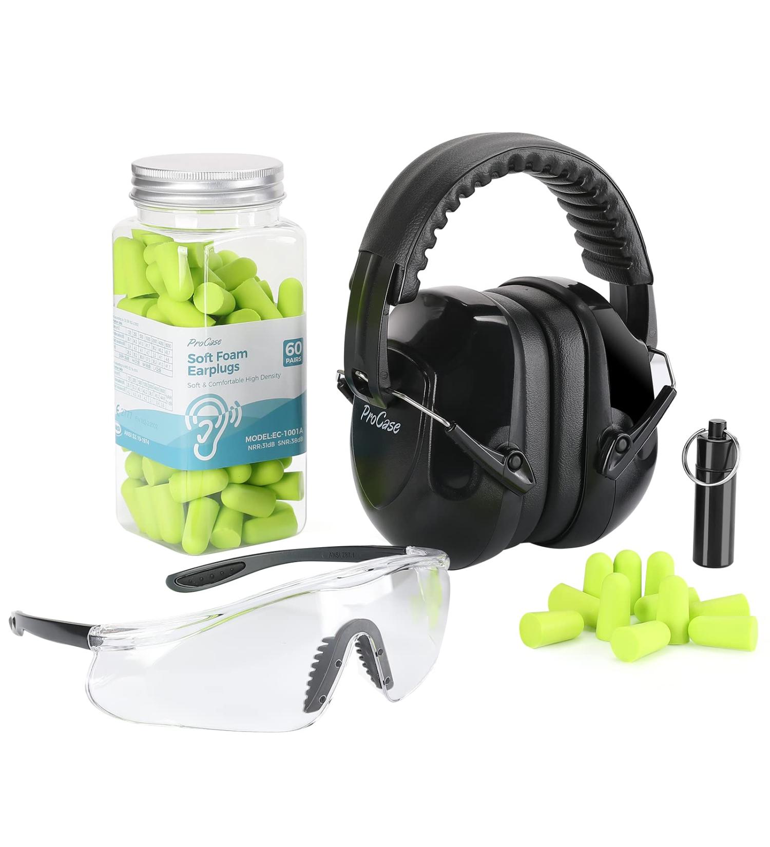 ProCase Hearing Protection & Eye Protection Set - NRR 28 dB Soundproofing Shooter + Protective Glasses + 60 Pairs Foam Earplugs for Optimal Safety - Buy Online on SooperMarket.com