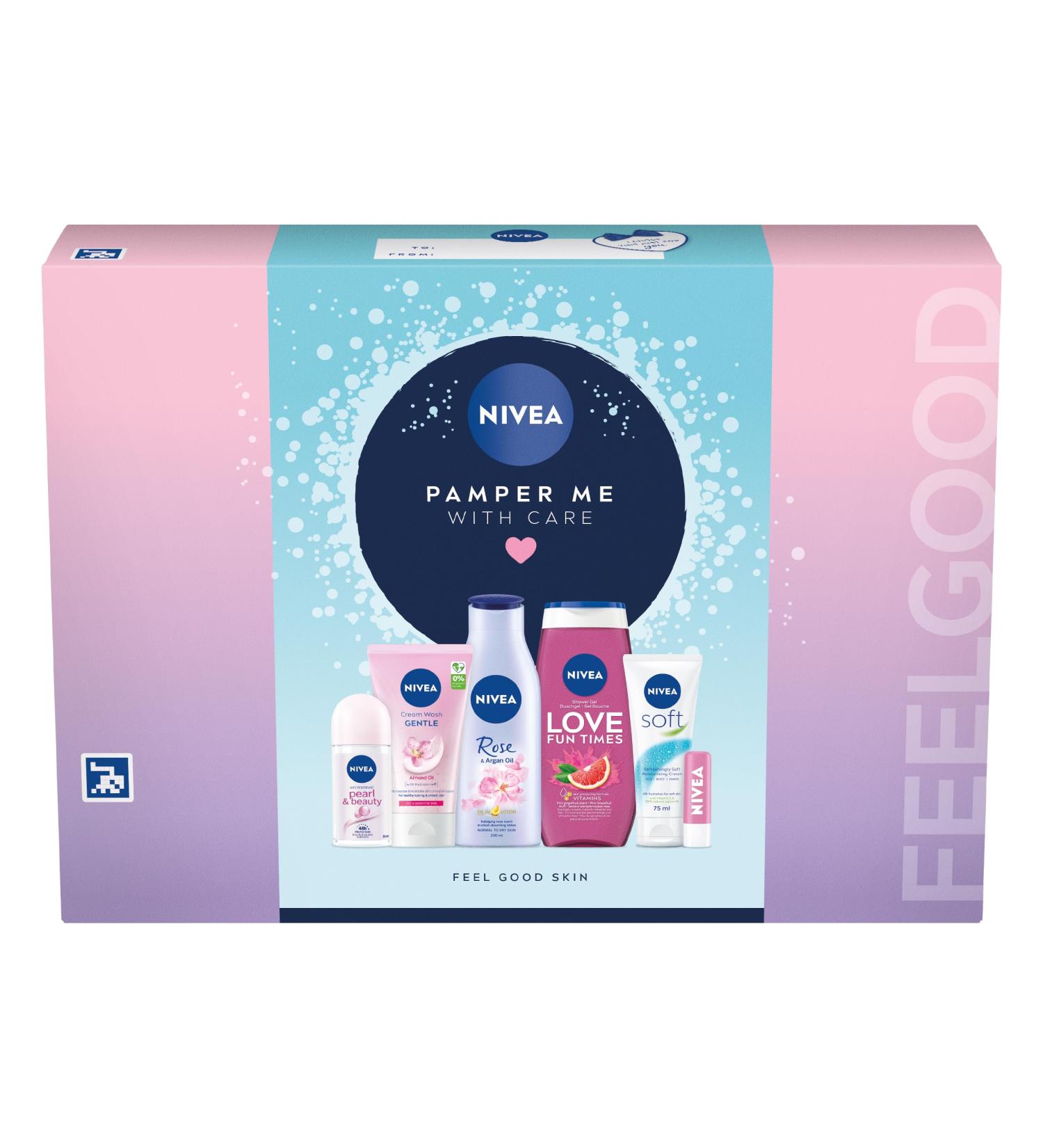 NIVEA Pamper Me With Care Gift Set (6 Products) Women's Gift Set with Shower Gel Moisturising Cream Body Lotion Lip Balm Anti-Perspirant Roll-On and Cream Wash - Buy Online on SooperMarket.com