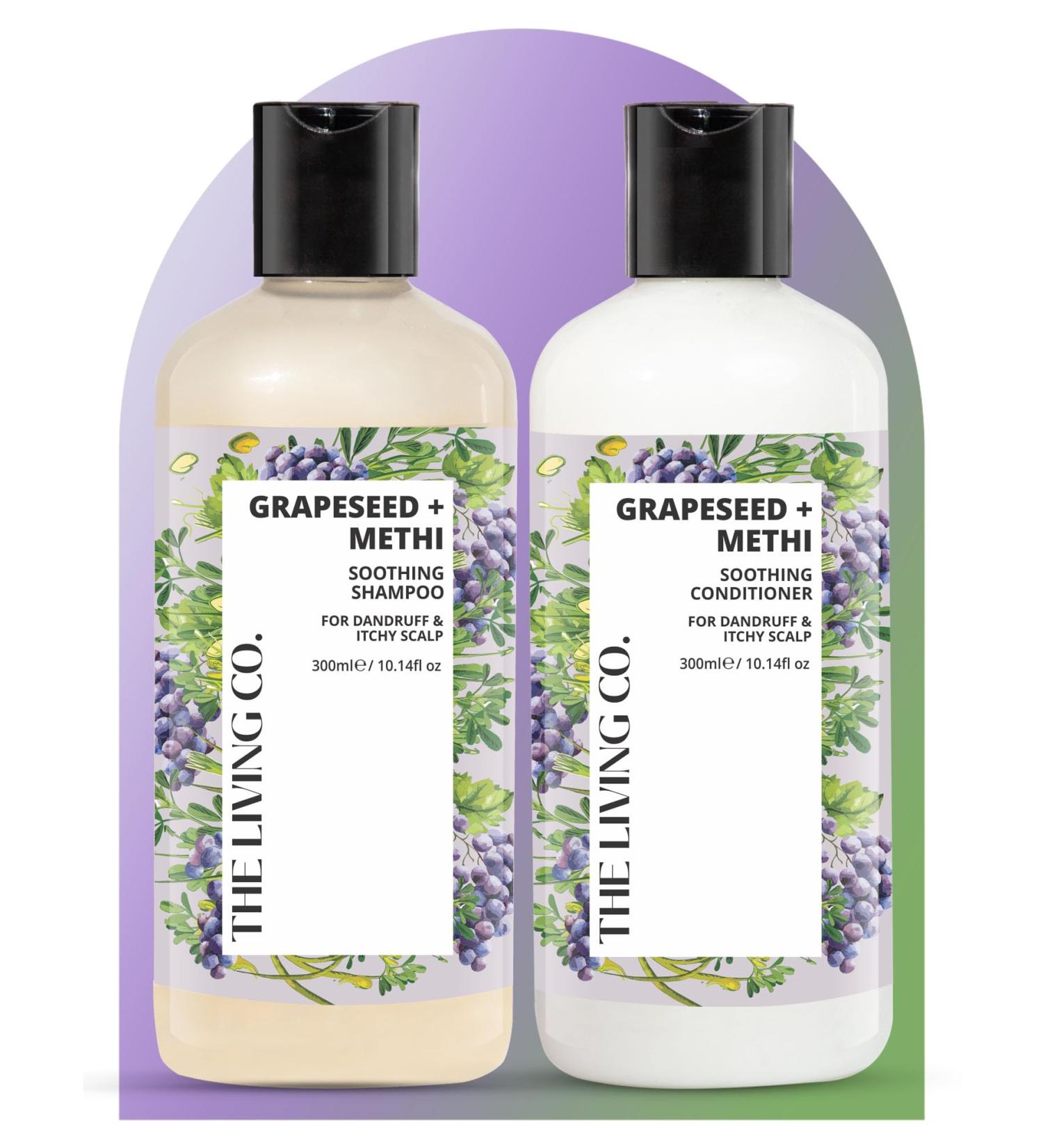 Shop THE LIVING CO Soothing Shampoo & Conditioner Combo - Grapeseed & Methi for Dandruff Relief | 600ml International Shipping Available - Buy Online on SooperMarket.com