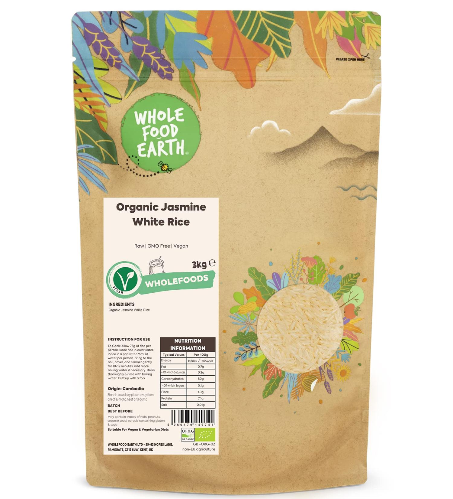 Wholefood Earth Organic Jasmine White Rice 3kg - GMO Free, Vegan, Source of Fibre - Buy Online on SooperMarket.com