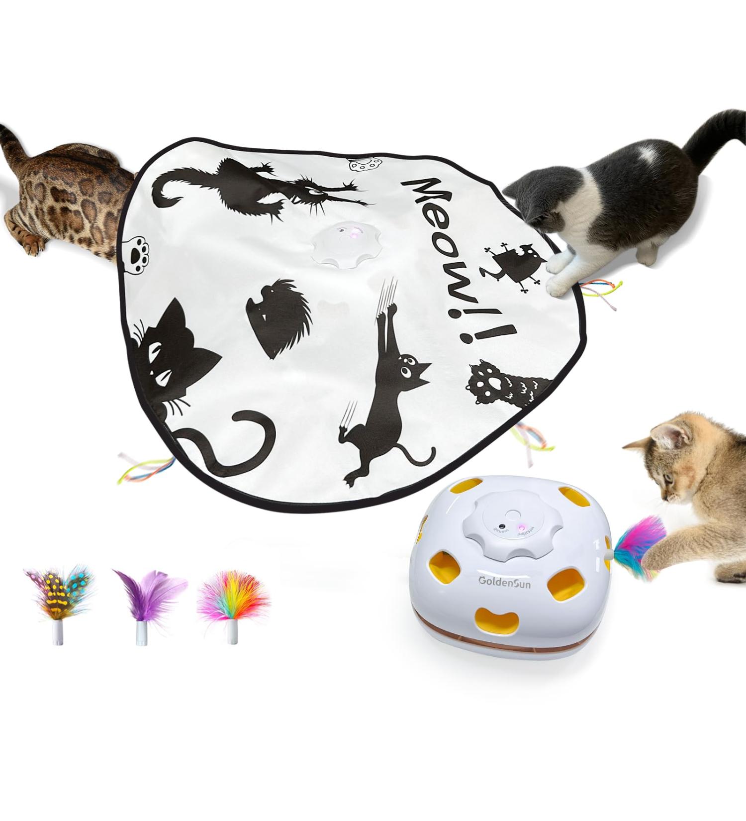 GoldenSun Rechargeable 4in1 Interactive Cat Toy - Hide and Seek Kitten Wand, Whack a Mole, Motion Self Play - Electronic Automatic Cat Toy for Indoor Cats - Exercise and Entertainment - Black Meow - Buy Online on SooperMarket.com