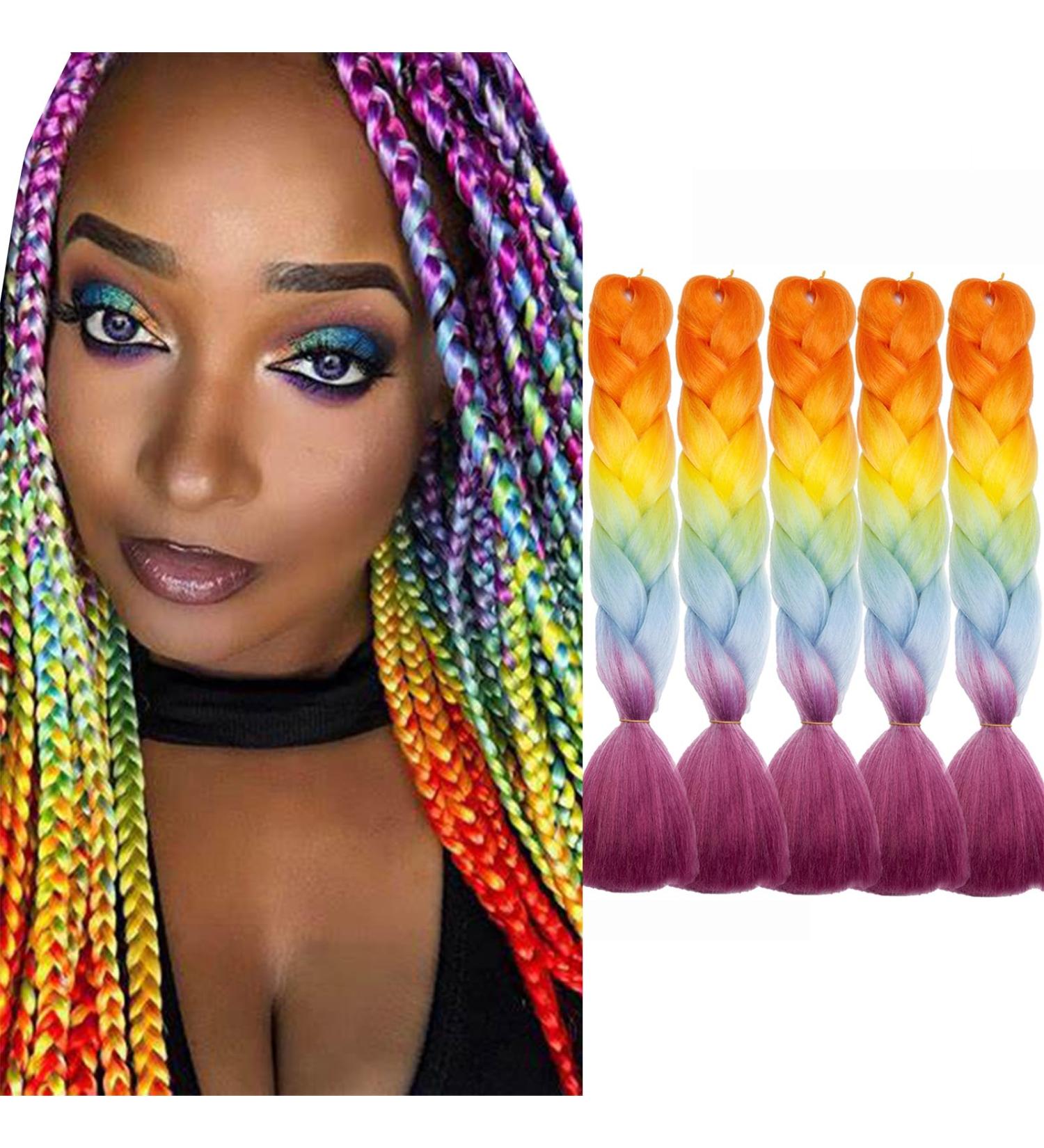 Tess Braids Extensions - Jumbo Kanekalon 60 cm Ombre Hair Braids (5 Pack) - Blue Orange Red - Perfect for Box Braids & Hair Extensions - Buy Online on SooperMarket.com