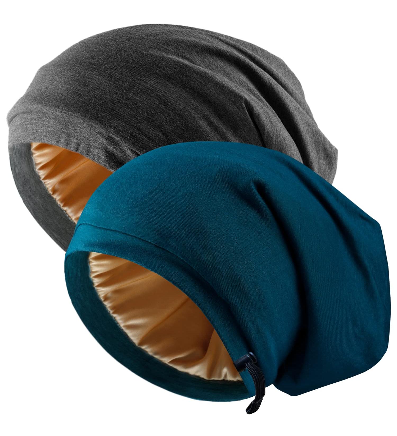Silk Satin Bonnet Hair Wrap Set for Sleeping - Adjustable Silk Bonnets for Women Men - Large Black+Blue - Curly Hair Night Caps - Buy Online on SooperMarket.com