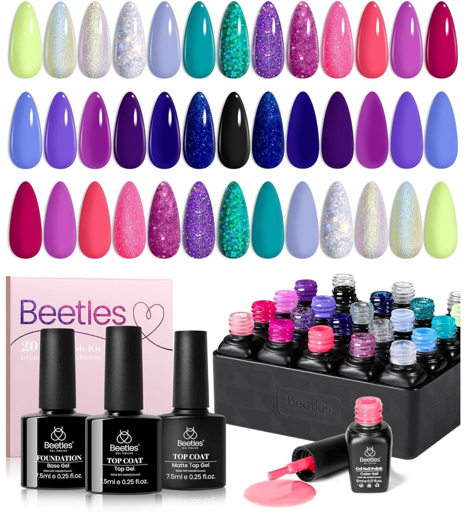 Beetles 20 Colors Gel Nail Polish Kit Midnight Euphoria Collection 23 Pcs Purple Blue Hot Pink Glitter Gel Polish Set Rainbow Soak off Uv Glossy & Matte Top Base Coat Gift for Girls Midnight Euphoira - Buy Online on SooperMarket.com