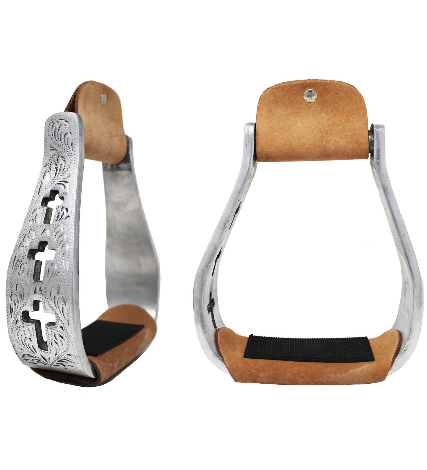 Western Show Horse Saddle Stirrups Aluminum Leather Tread Cross Engraved 5145v