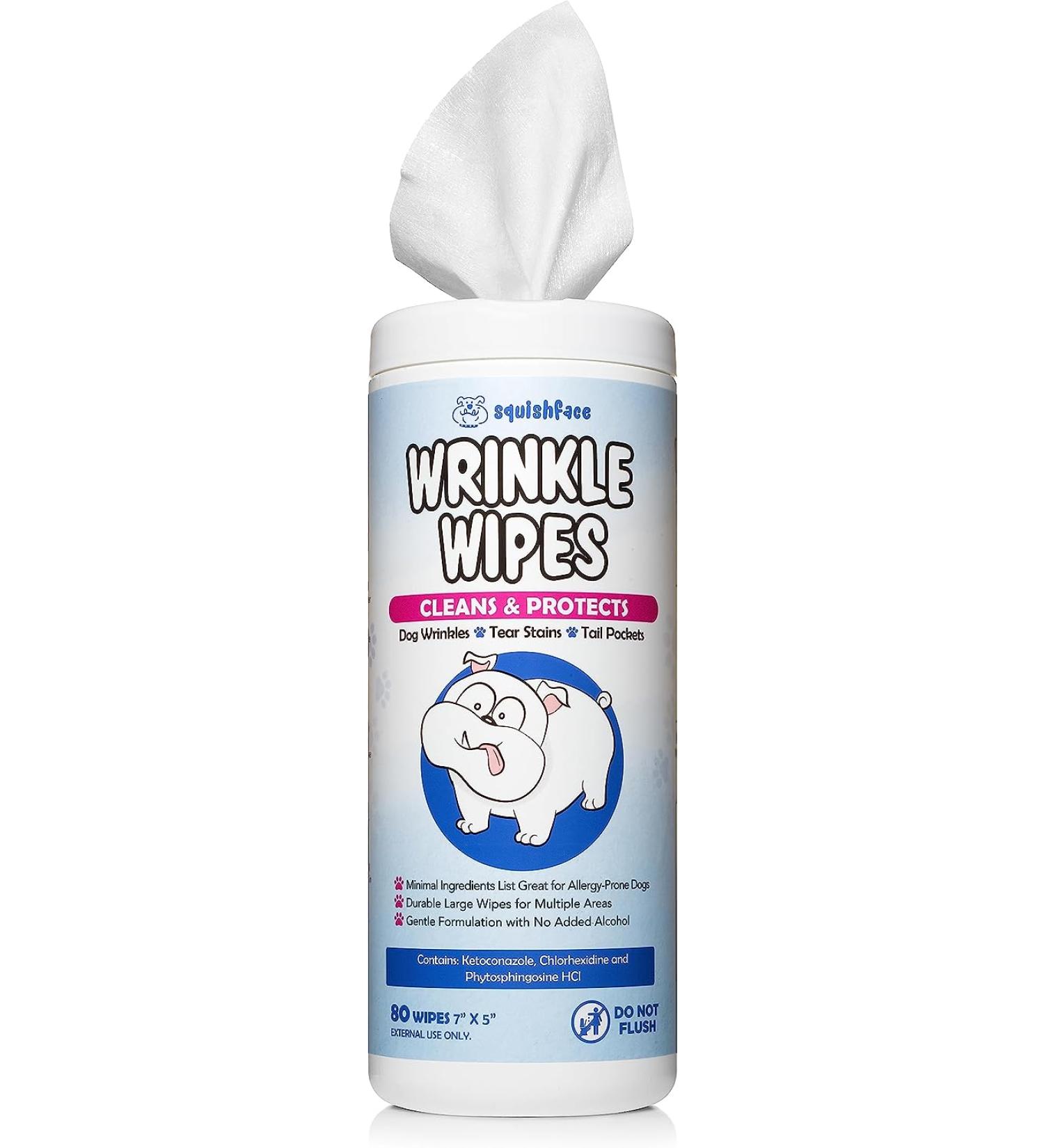 Squishface Wrinkle Wipes 6x8 Large Chlorhexidine Dog Wipes - Anti-Itch, Deodorizing, Tear Stain Remover for English Bulldog, Pugs, Frenchie, Bulldogs & More! - Buy Online on SooperMarket.com