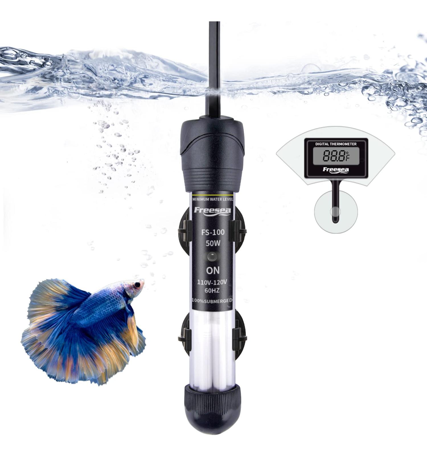 FREESEA Aquarium Fish Tank Heater - 50W Adjustable Thermostat with 2 Suction Cups and Thermometer for Betta, Saltwater, Aquarium, Coral Tank - Buy Online on SooperMarket.com