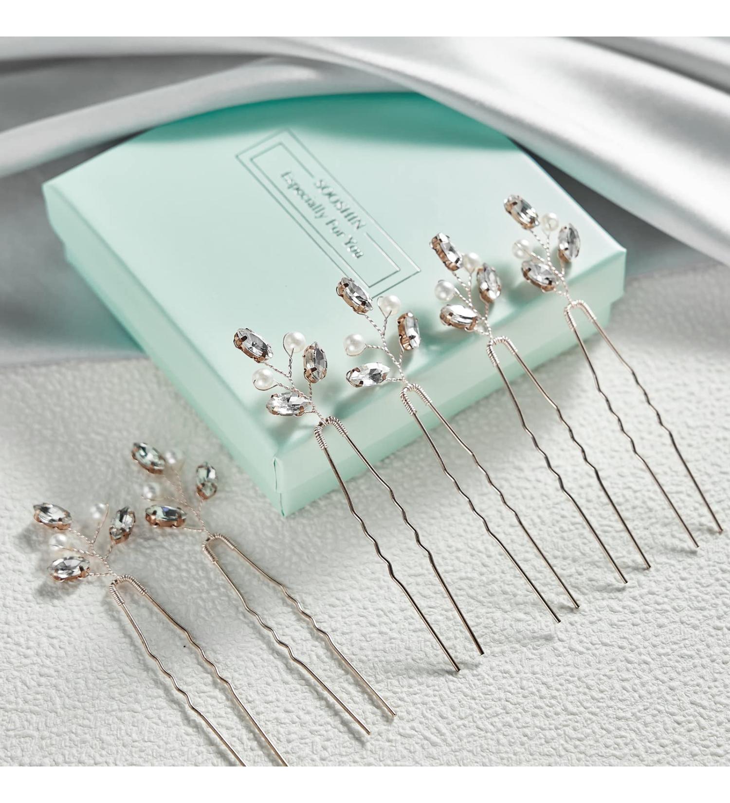Sooshin 6-Piece Bridal Hair Pins Set - Pearl and Rhinestone Wedding Hair Accessories - Rose Gold Crystal Hair Pins for Brides and Bridesmaids - Buy Online on SooperMarket.com