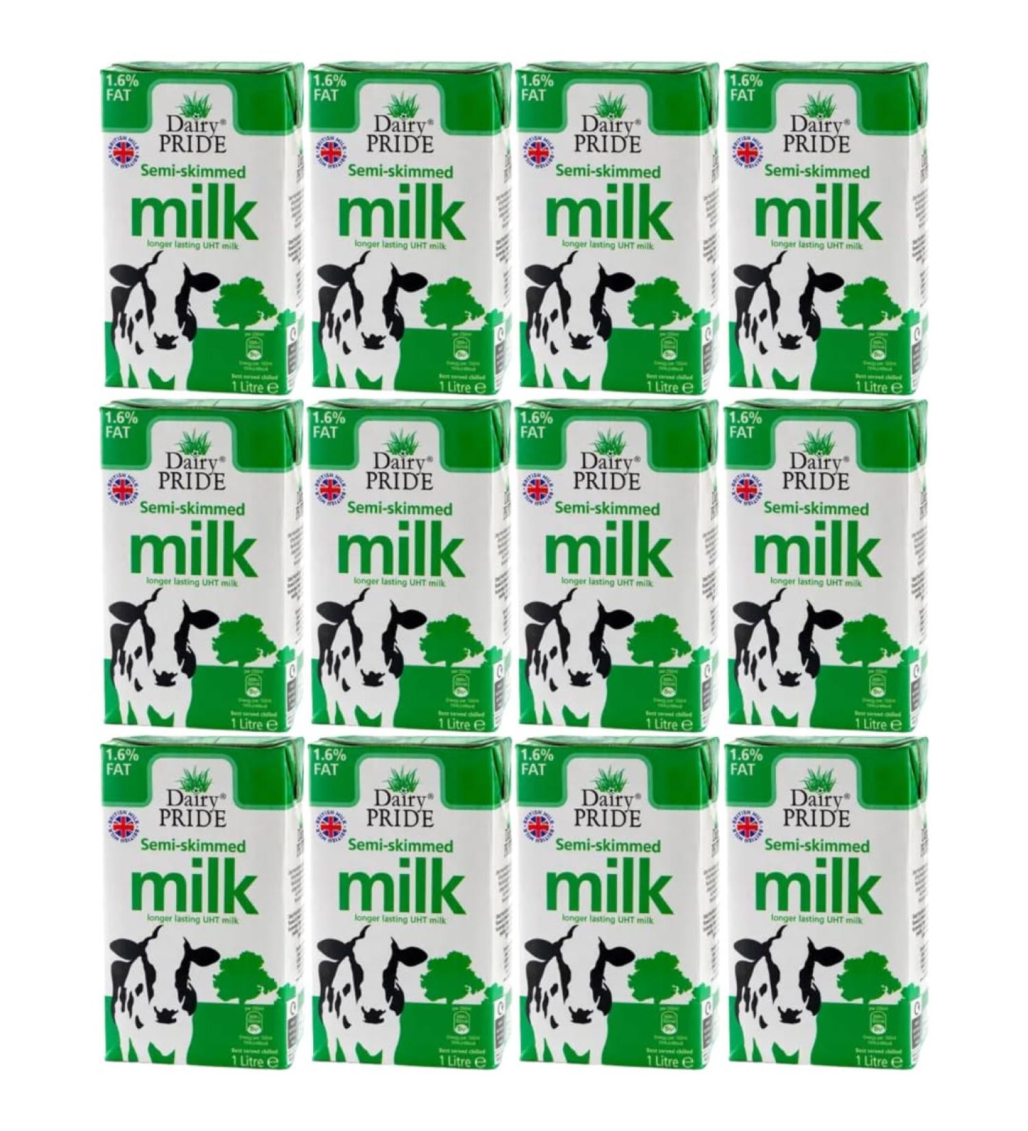 Dairy Pride Semi Skimmed Long Life UHT Milk 1 Litre Pack Of 12 With Welari Thank You Card | (12 Pack) (12 x 1 Litre)