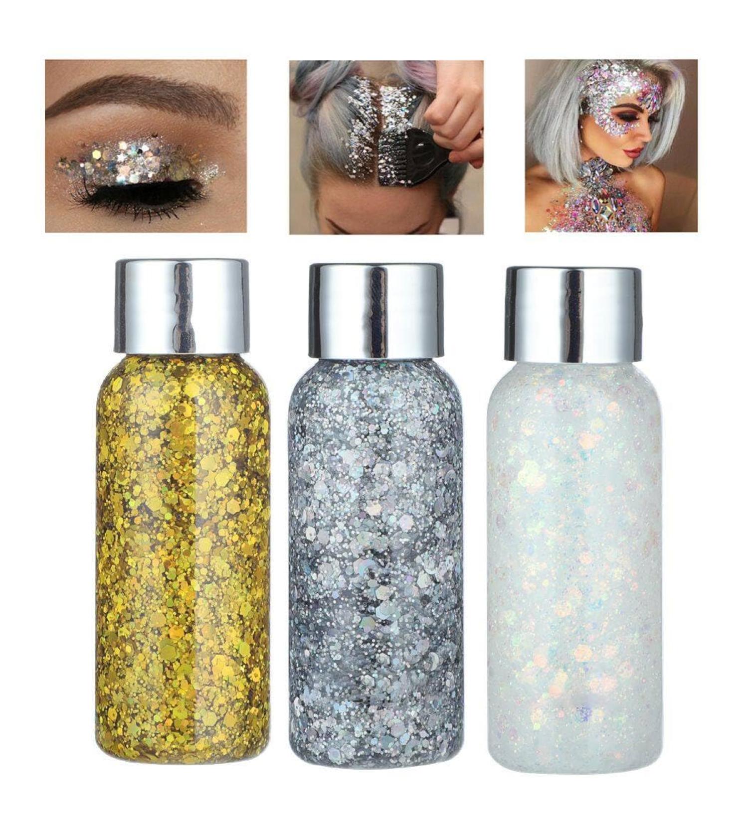 Holographic Body Glitter Gel - 3-Pack Chunky Sequin Liquid for Nails & Makeup | Silver Sparkle for Parties & Weddings - 1.1 x 3.15in - Buy Online on SooperMarket.com