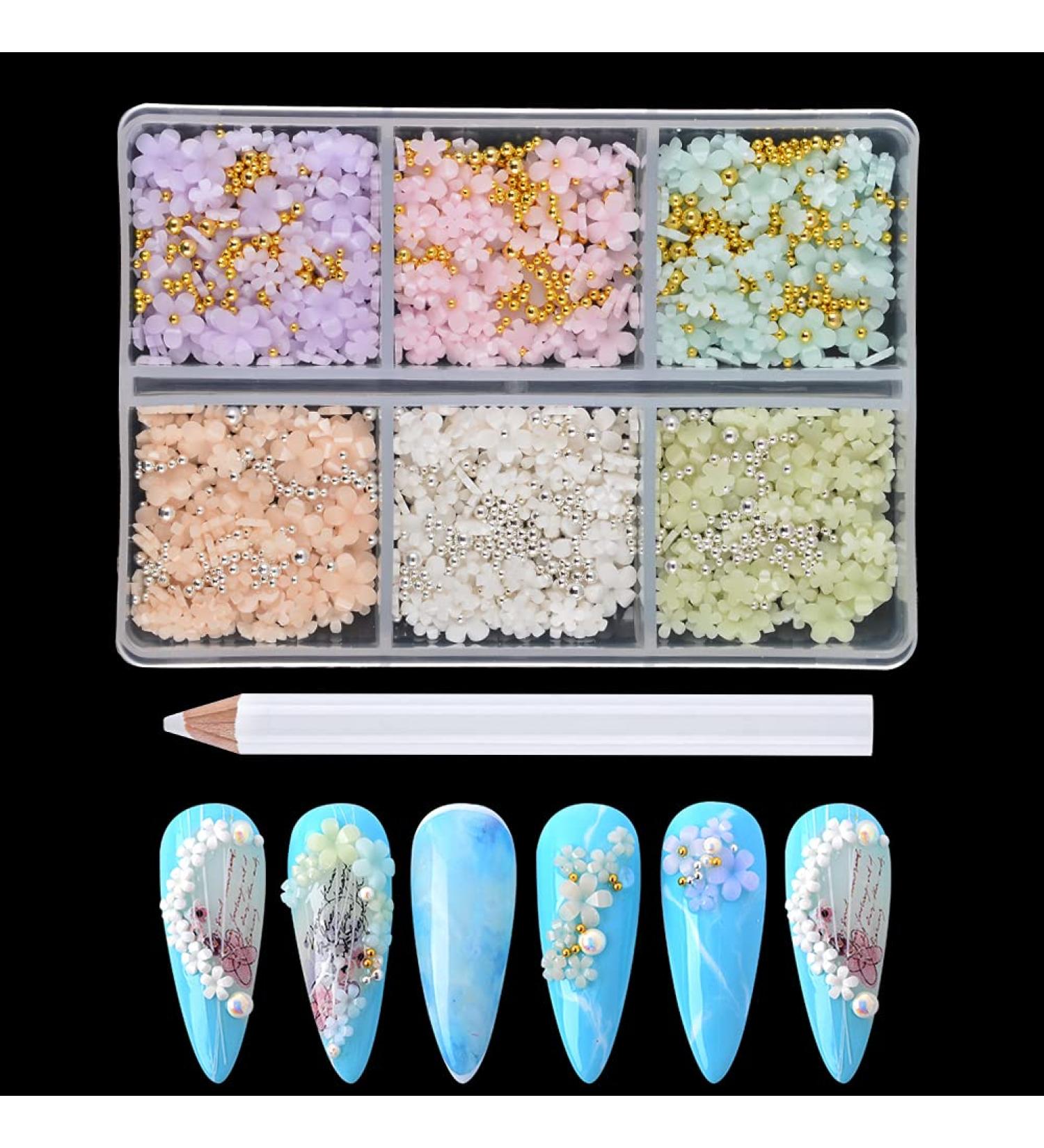 BAIYIYI 3D Flower Nail Charms & Caviar Beads Set - DIY Nail Decoration Kit with Pickup Pencil, 6 Colors - Acrylic Resin Flowers & Metal Ball Beads for Nail Art - Buy Online on SooperMarket.com