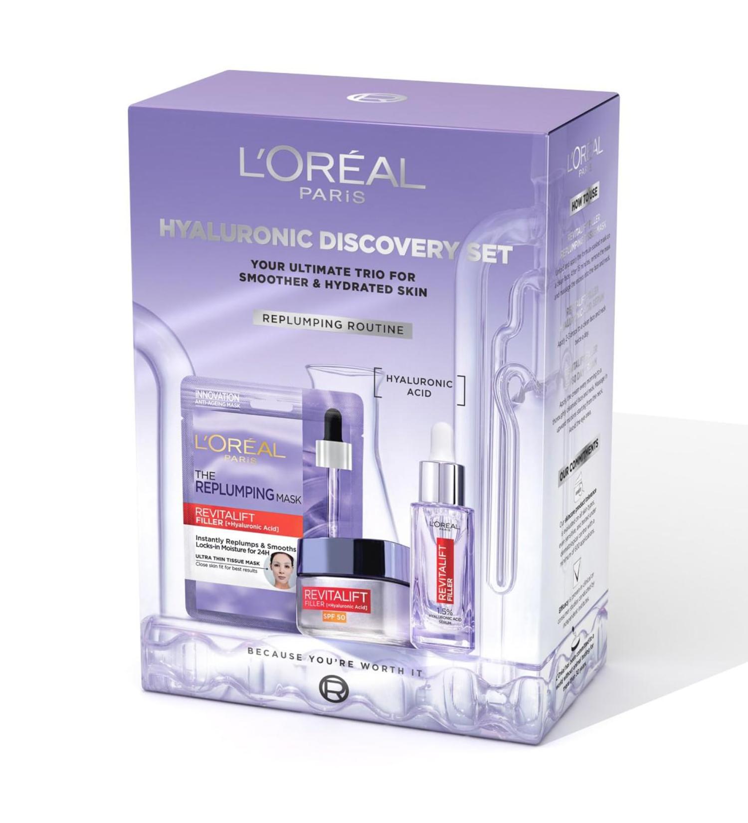 L'Or al Paris Hyaluronic Discovery Set Gift Set - Revitalift Filler 1.5% Hyaluronic Acid Serum Day cream and Replumping Tissue Mask - Buy Online on SooperMarket.com