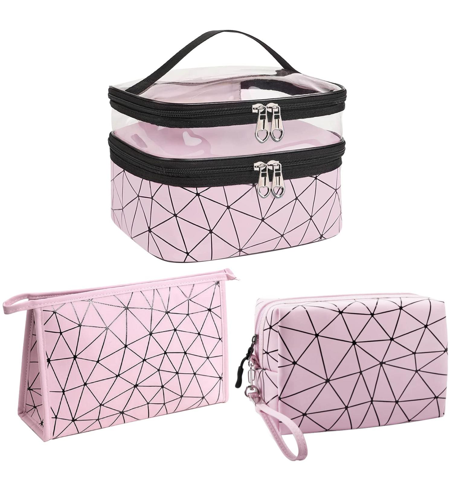 Mikytoper 3 PCS Double Layer Makeup Bags with Diamond Pattern Travel Toiletry Bags - Pink - Buy Online on SooperMarket.com