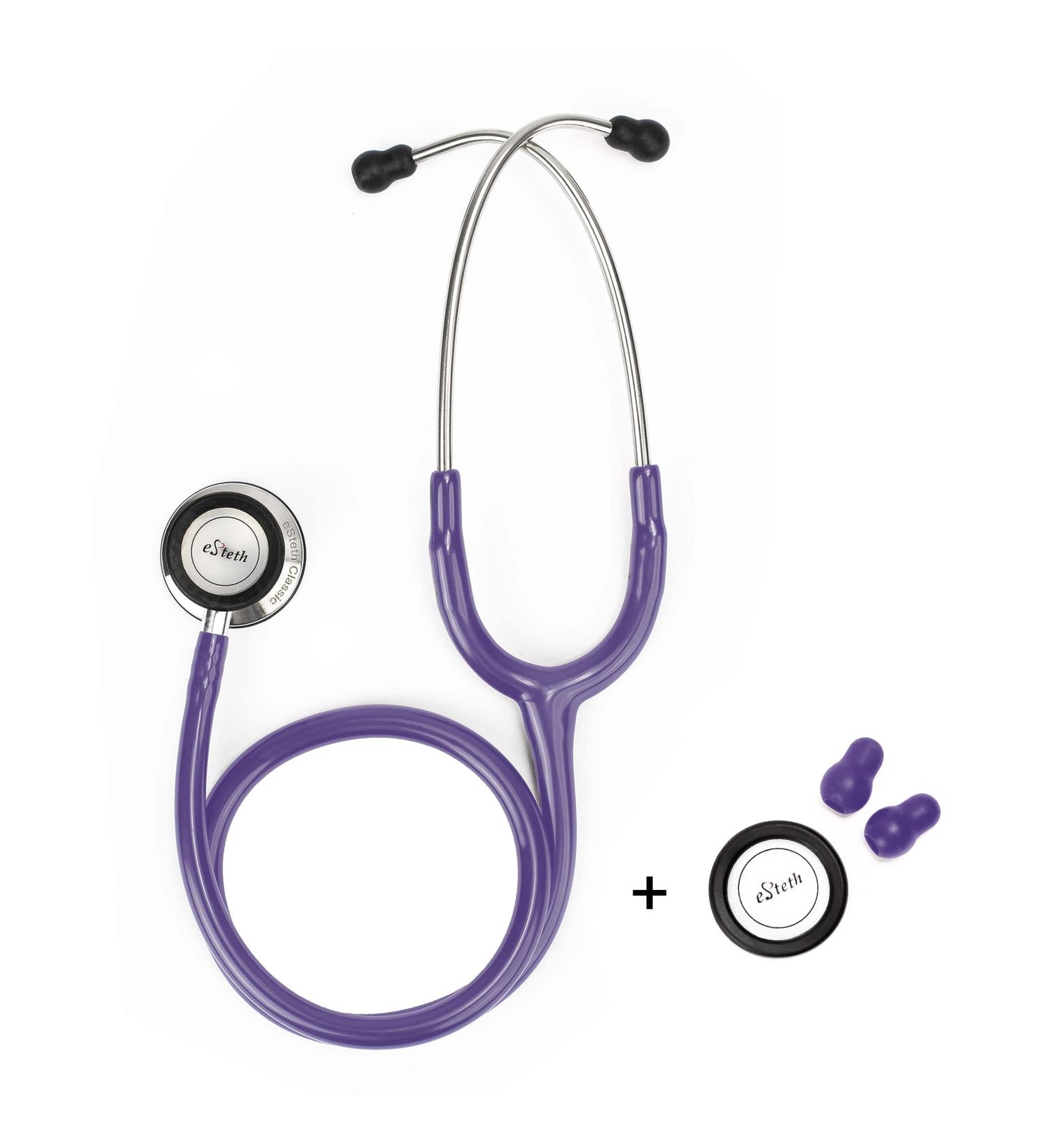 eSteth Classic Stethoscope Lightweight Sensitive Chest Piece for Heart & Lung Sounds - Flexible Tubing Extra Ear Tips Non-Chill Ring - 32" Purple - International Shipping Available - Buy Online on SooperMarket.com