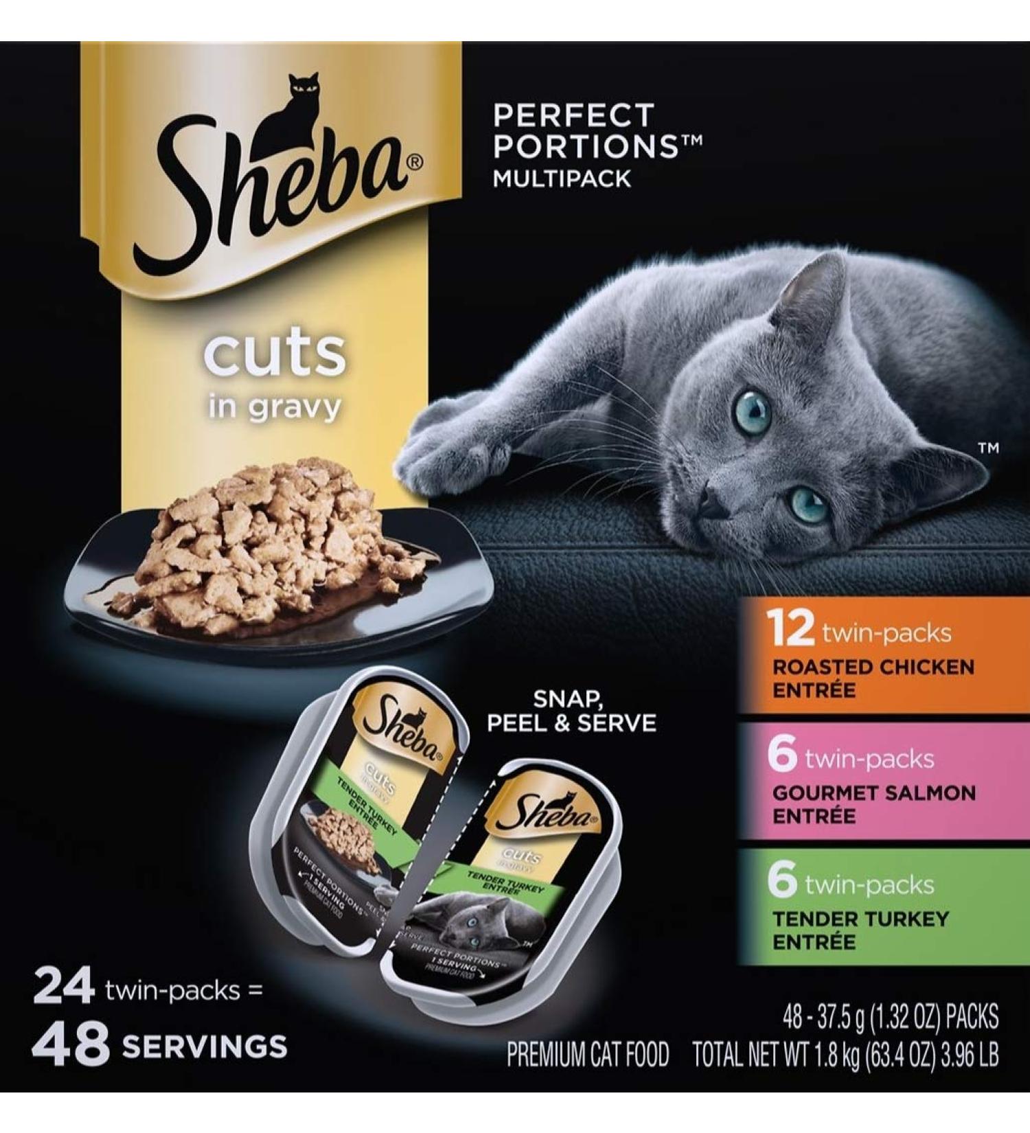 Sheba Perfect Portions Gravy Roasted Chicken, Gourmet Salmon, Tender Turkey Variety Pack Wet Cat Food 2.64 Ounce (Pack of 24)