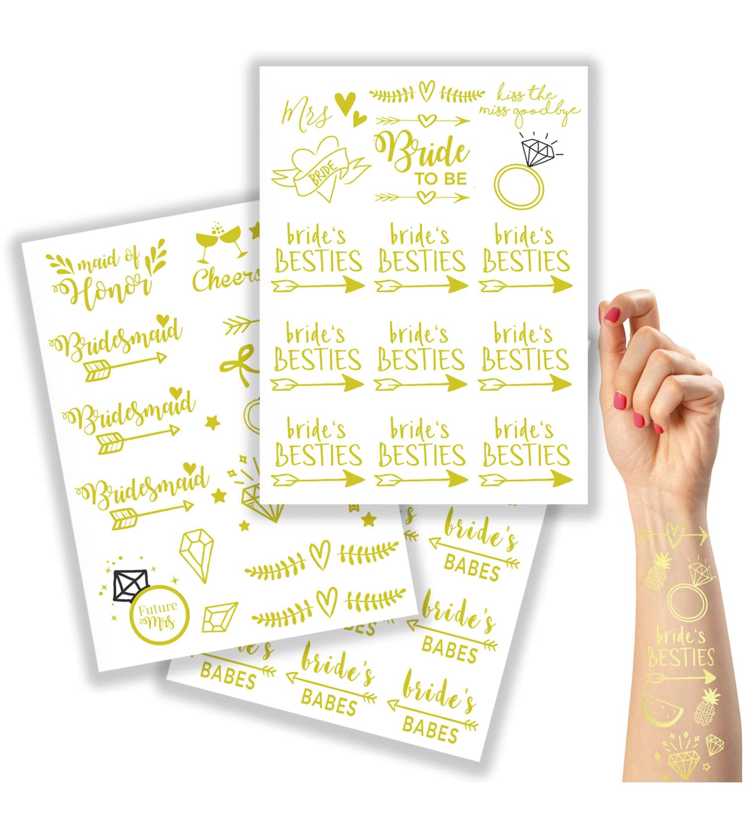Bride to Be Temporary Tattoos - 50 Gold Metallic Designs for Bachelorette Party, Waterproof & Non-Toxic - Buy Online on SooperMarket.com