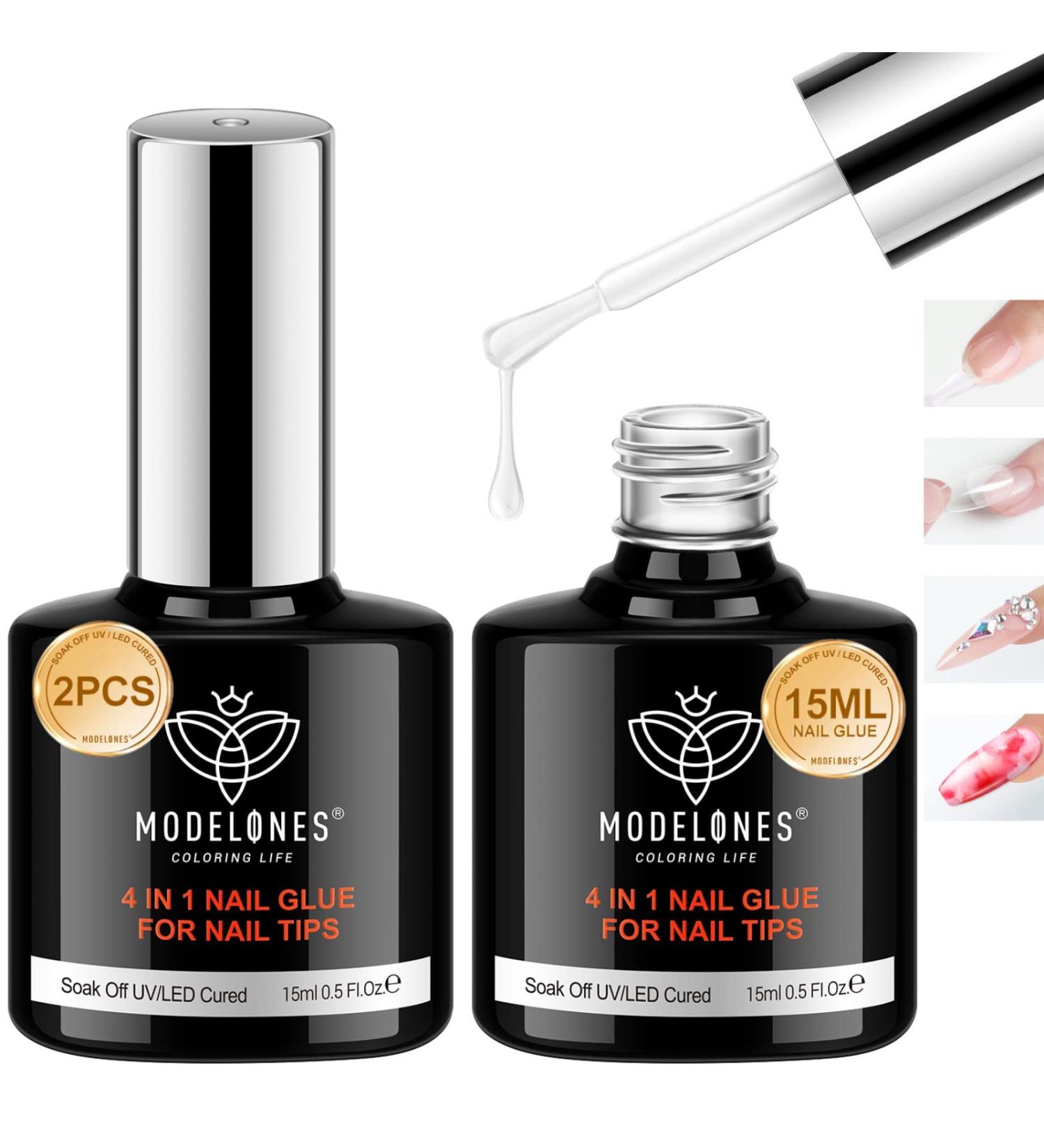 Modelones 4 in 1 Nail Glue Set | Brush On Gel | Rhinestone False Nails Base Gel | Nail Art Kit for Acrylic Nails | UV Lamp Needed | 15ml - 2PCS - Buy Online on SooperMarket.com