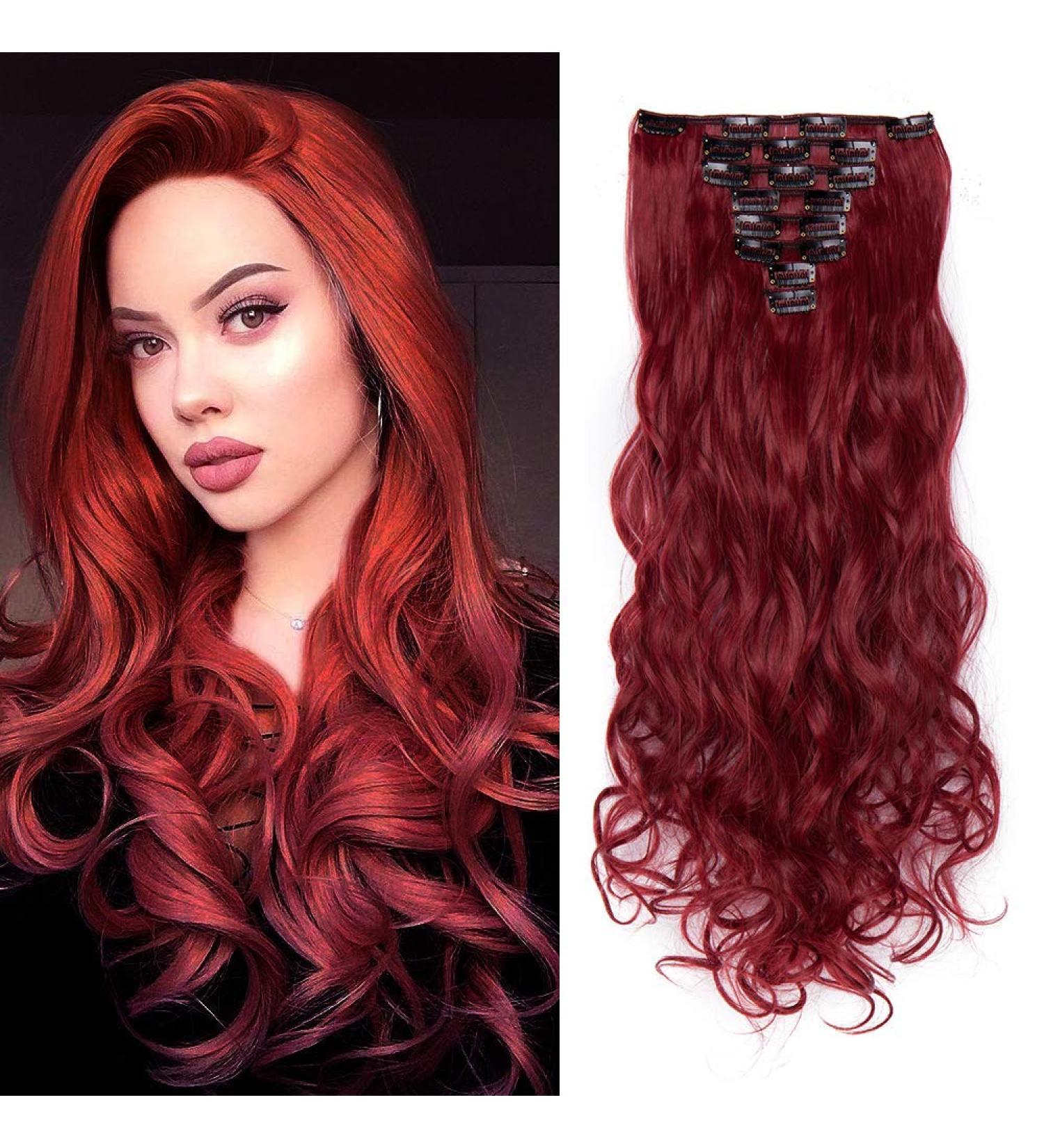 Silk-co Long Curly Wavy Clip in Hair Extension 24 Maroon&Dark Red - 8 Pcs Full Head, Synthetic Heat Resistant, 18 Clips - #Maroon&Dark Red - Buy Online on SooperMarket.com