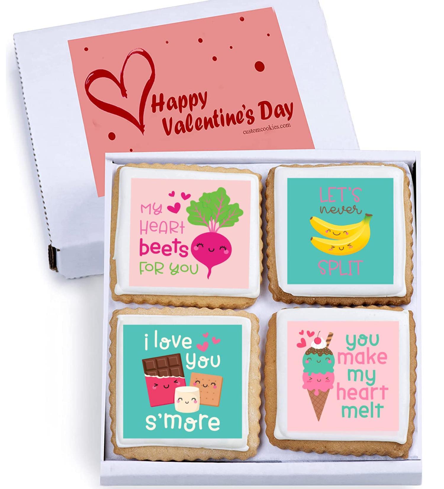 Happy Valentines Day Cookies Gift Basket  Decorated Vanilla Sugar Cookie Greeting Card  Unique Cool Food Gift Box  For Him  Her  Boy  Girl  Friend  Spouse  Wife  Prime Delivery  4 Count - Buy Online on SooperMarket.com