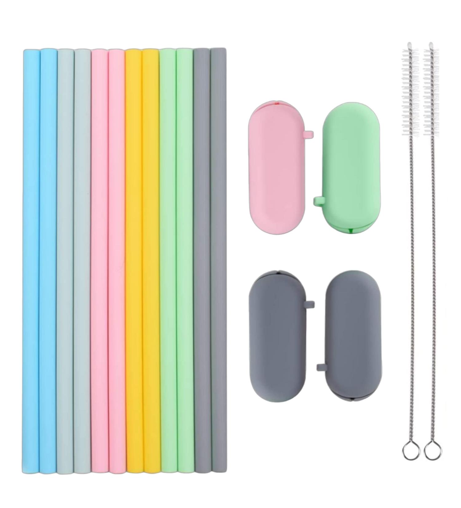 12-pcs Reusable Silicone Drinking Straws with 4 Carrying Bags and 2 Cleaning Brushes - BPA-Free Eco-Friendly Durable Suitable for Hot and Cold Drinks and Ideal for Kids Travel and Parties | L'S - Buy Online on SooperMarket.com