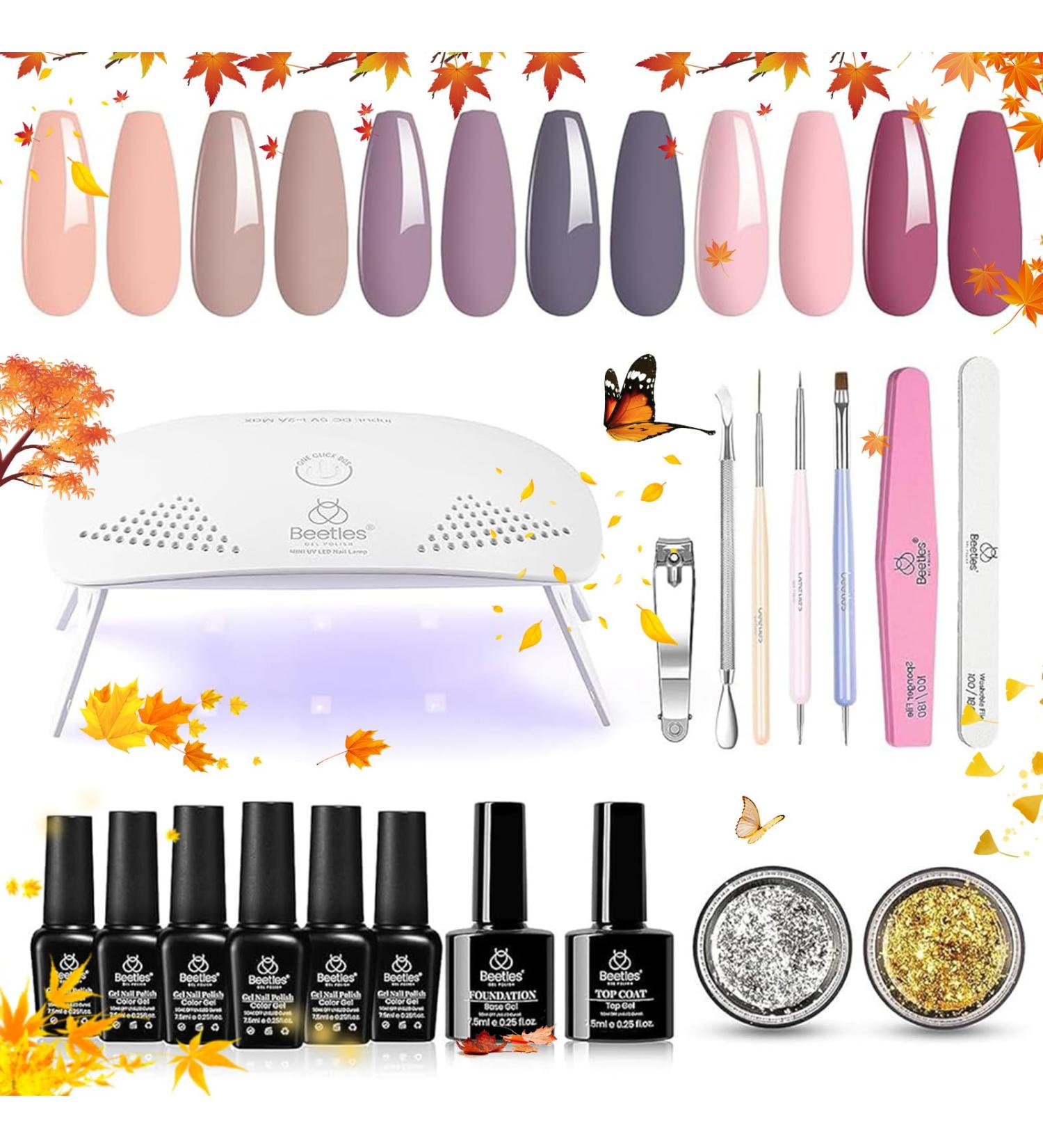 Beetles Gel Nail Polish Kit with UV Light - 6 Colors Fall Collection Soak Off Nude Gray Purple Mauve Light Pink - DIY Home Gift for Her - Buy Online on SooperMarket.com