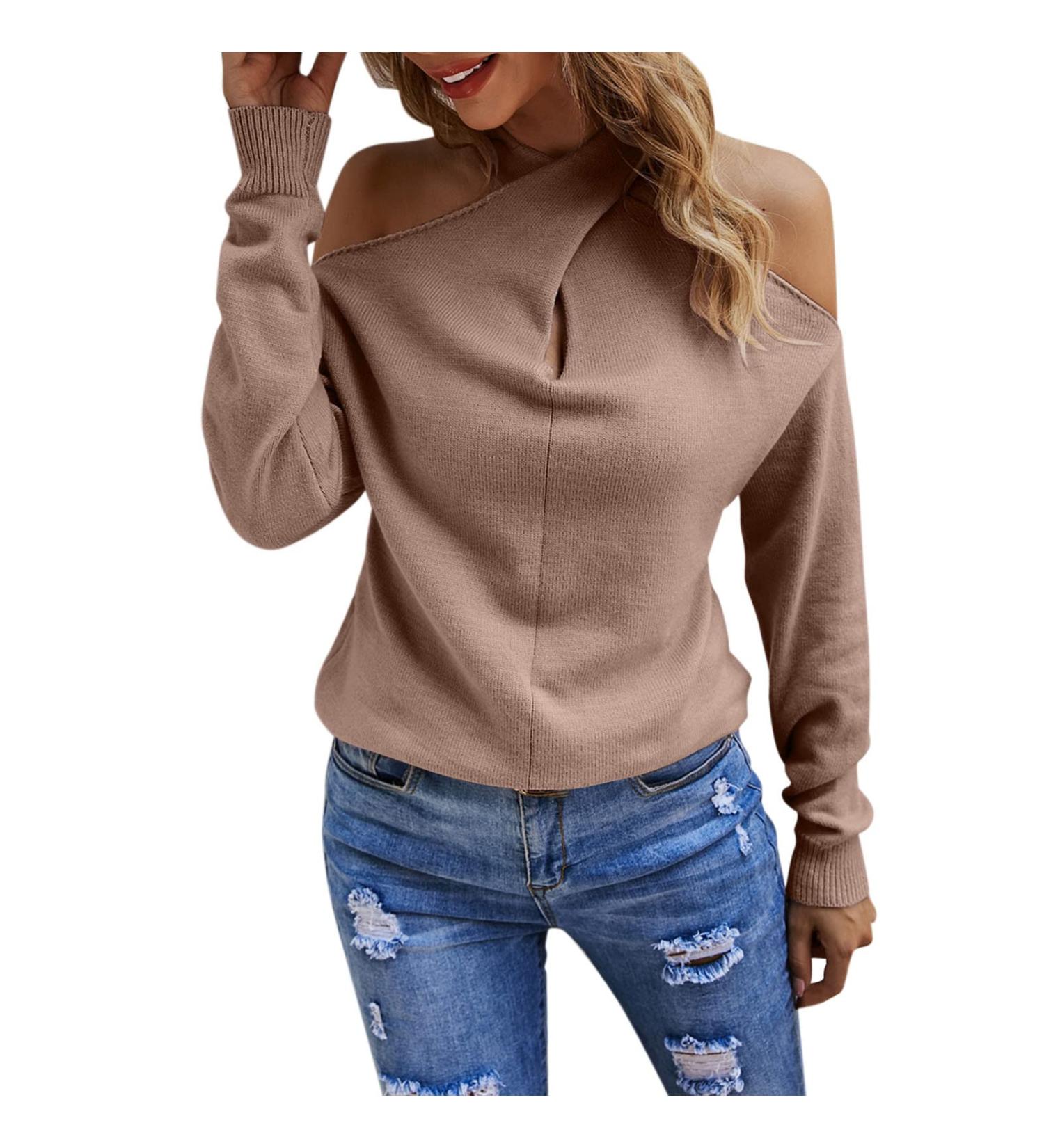Shop Creoqiji Women's Yellow Shoulder-Free Crop Hoodie - Casual Long-Sleeved V-Neck Top in Pink XL - International Shipping Available! - Buy Online on SooperMarket.com